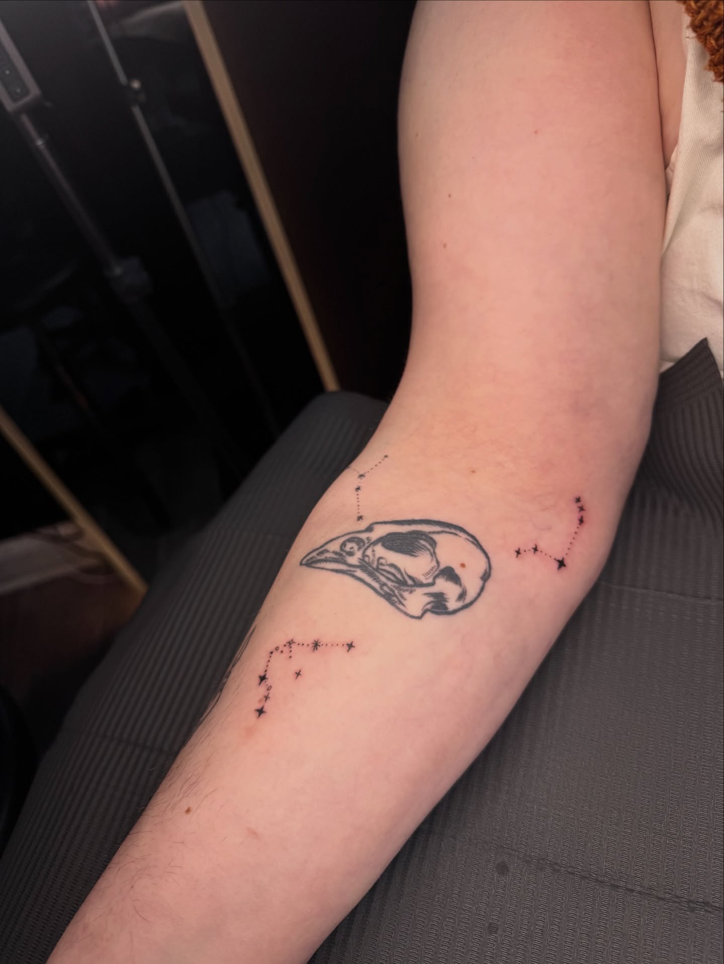 Raven skull constellation black and grey tattoo on the forearm by Nicole