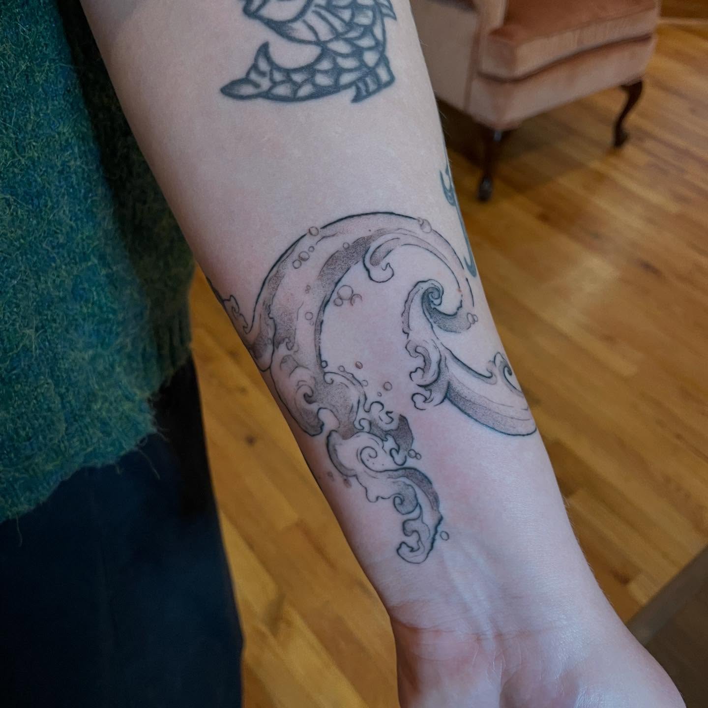 Wave dotwork tattoo on the forearm by ✨ saturday ✨
