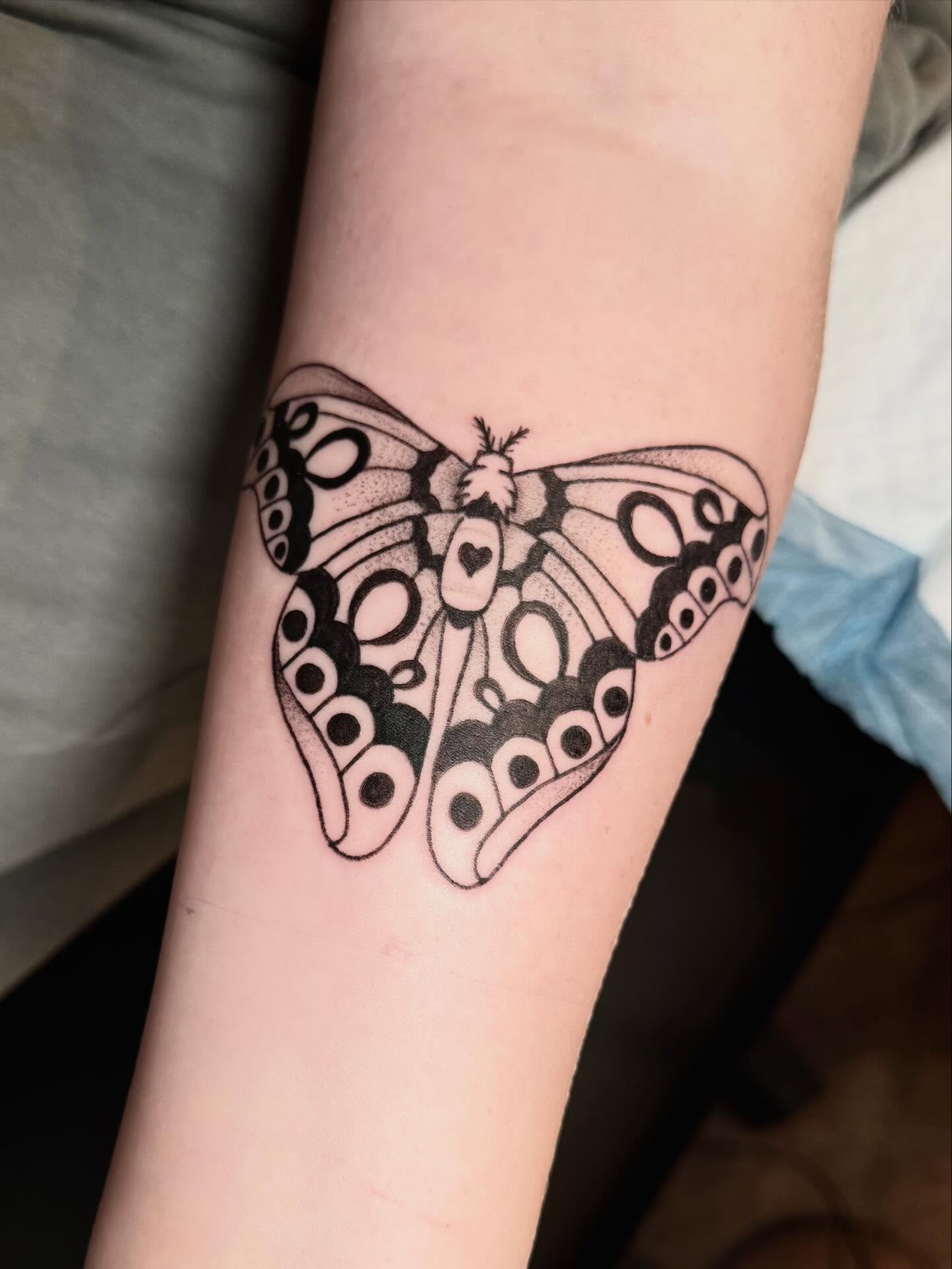 Butterfly dotwork tattoo on the forearm by zoie rozay hannah