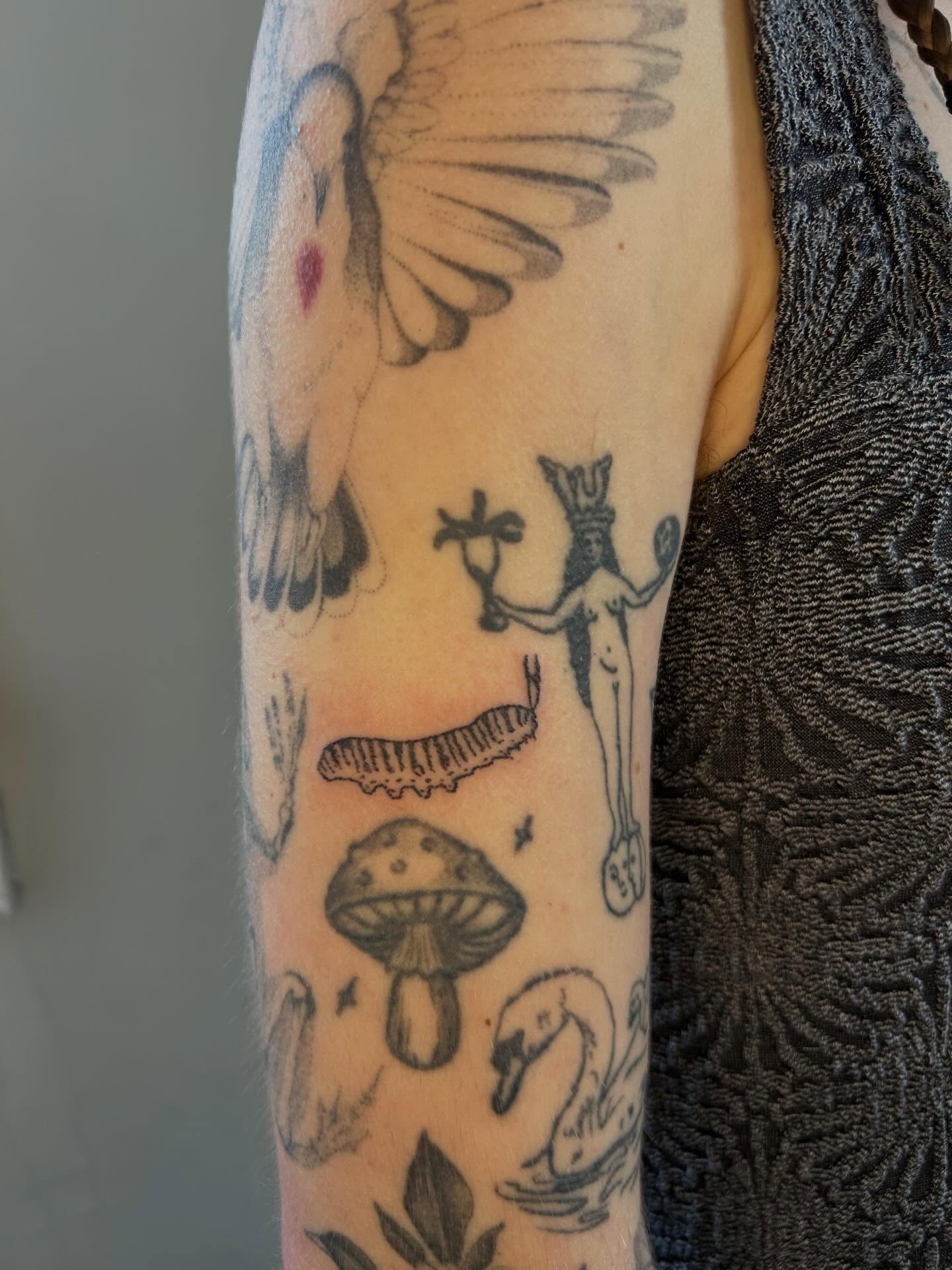 Swan and mushroom black and grey tattoo on the forearm by ˙⋆✮⋆˙‧₊˚✧ sophie ✧˚₊‧˙⋆✮⋆˙