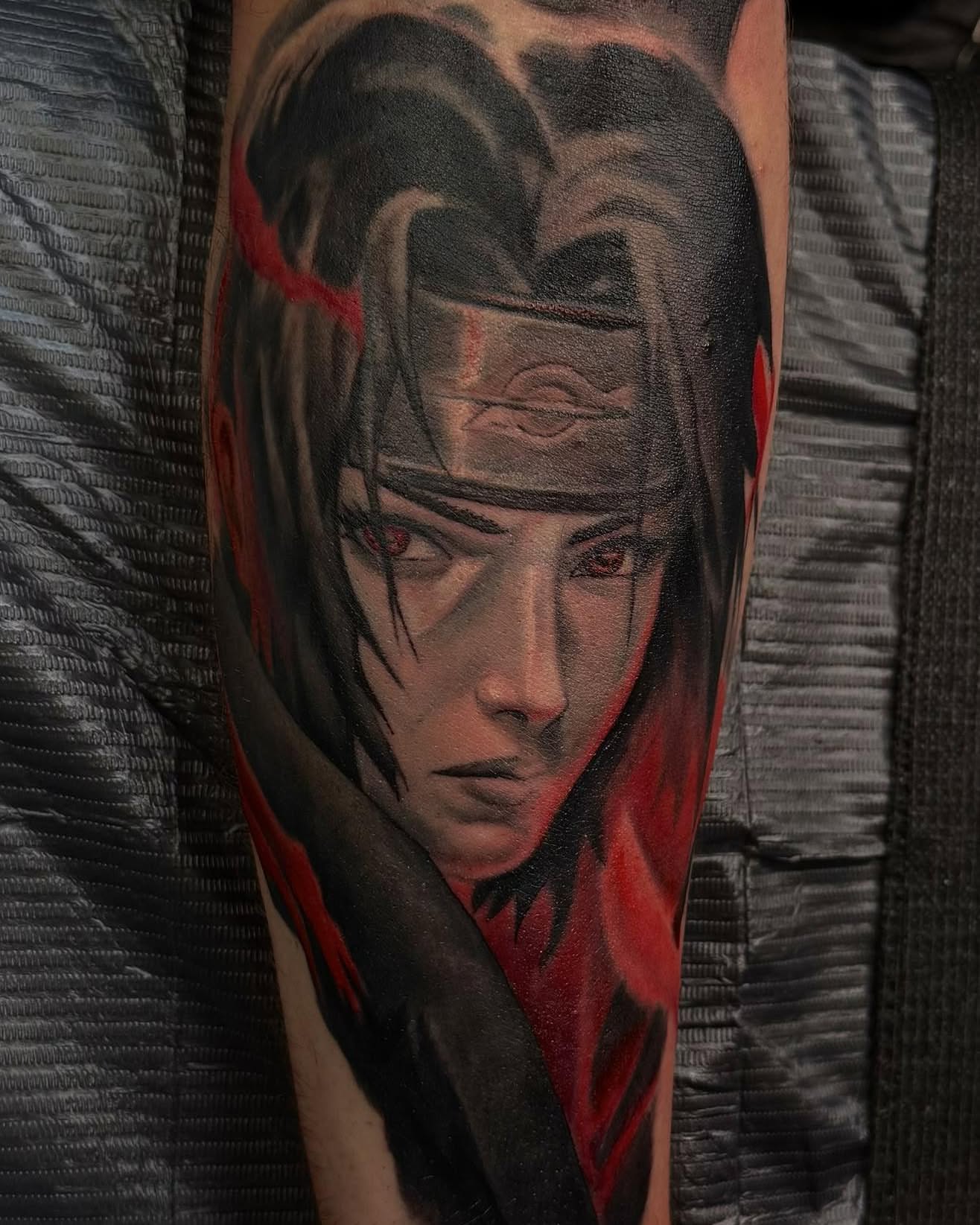Anime character dark realism tattoo on the forearm by Caleb Moul