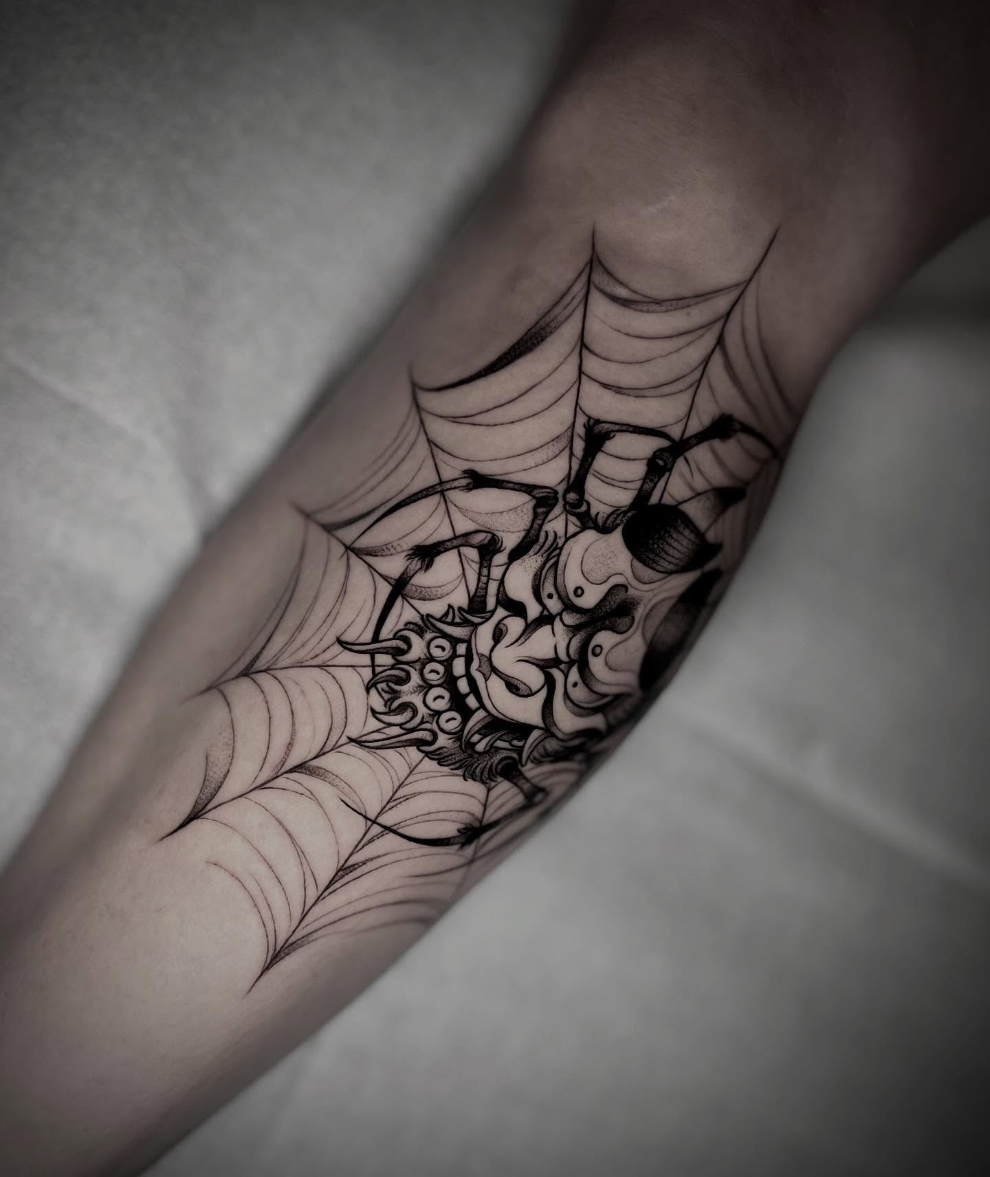 Spider and web black and grey tattoo on the forearm by Martha Gual π€ East ATX Tattooer