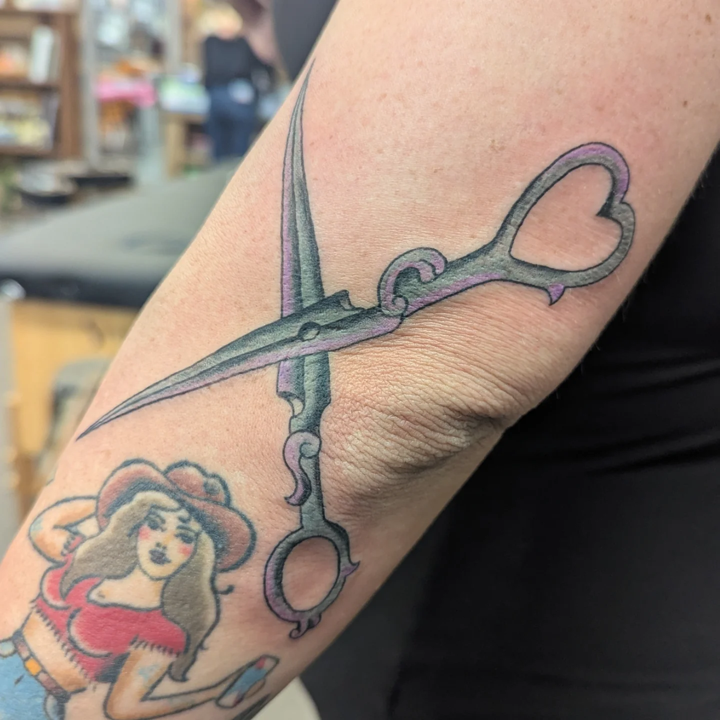 Scissors and woman American traditional tattoo on the forearm by ♡ Cora ♡