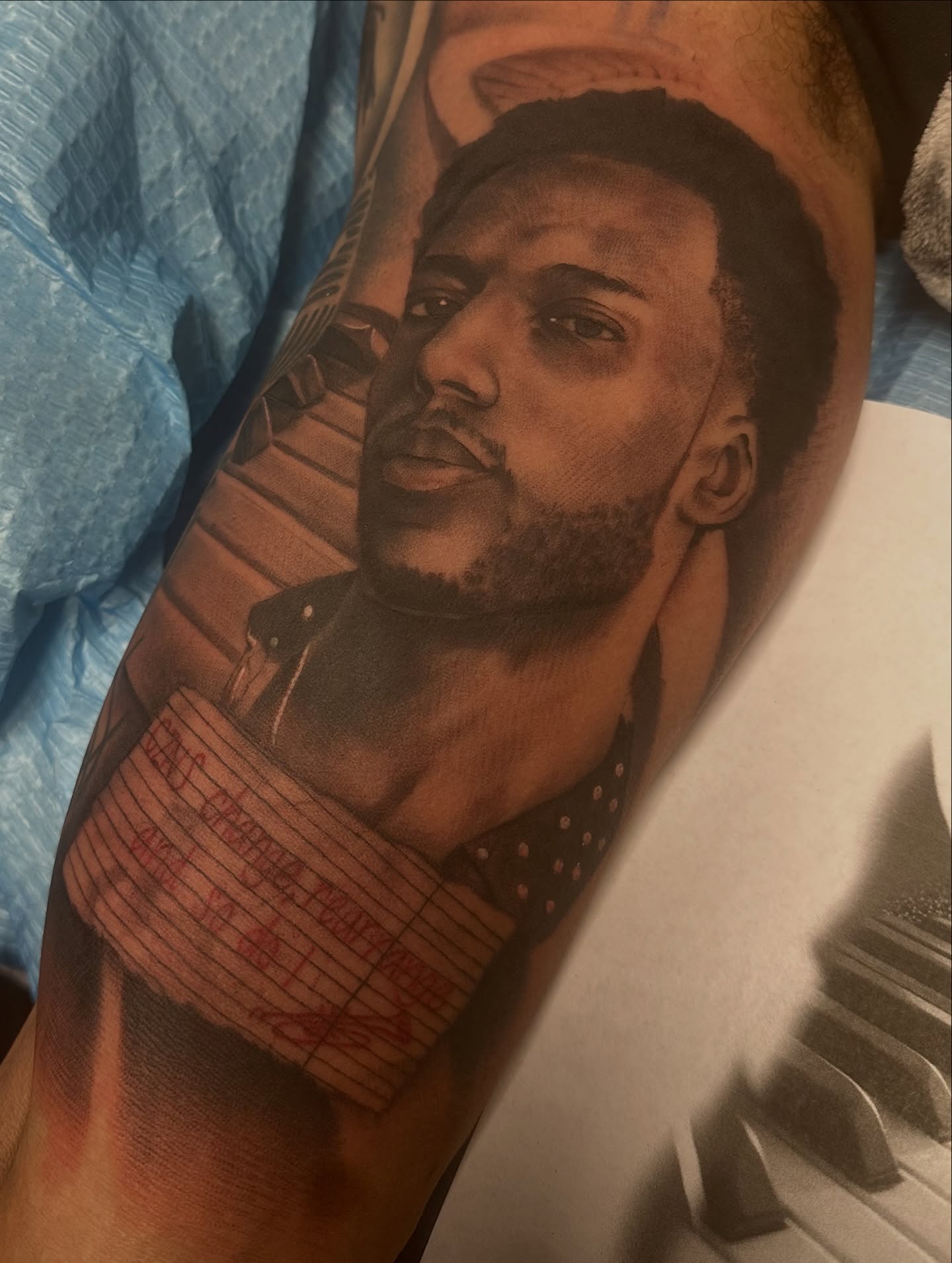 Portrait of a man realism tattoo on the forearm by Carly🪲 greensboro tattoo artist, Greensboro, North Carolina
