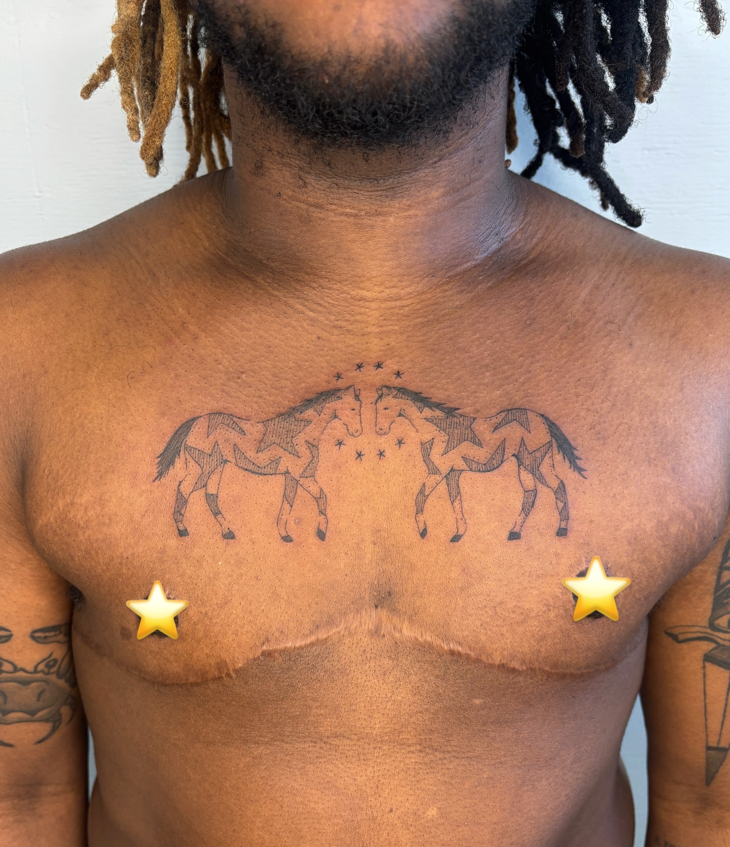 Horses black and grey tattoo on the chest by Raye
