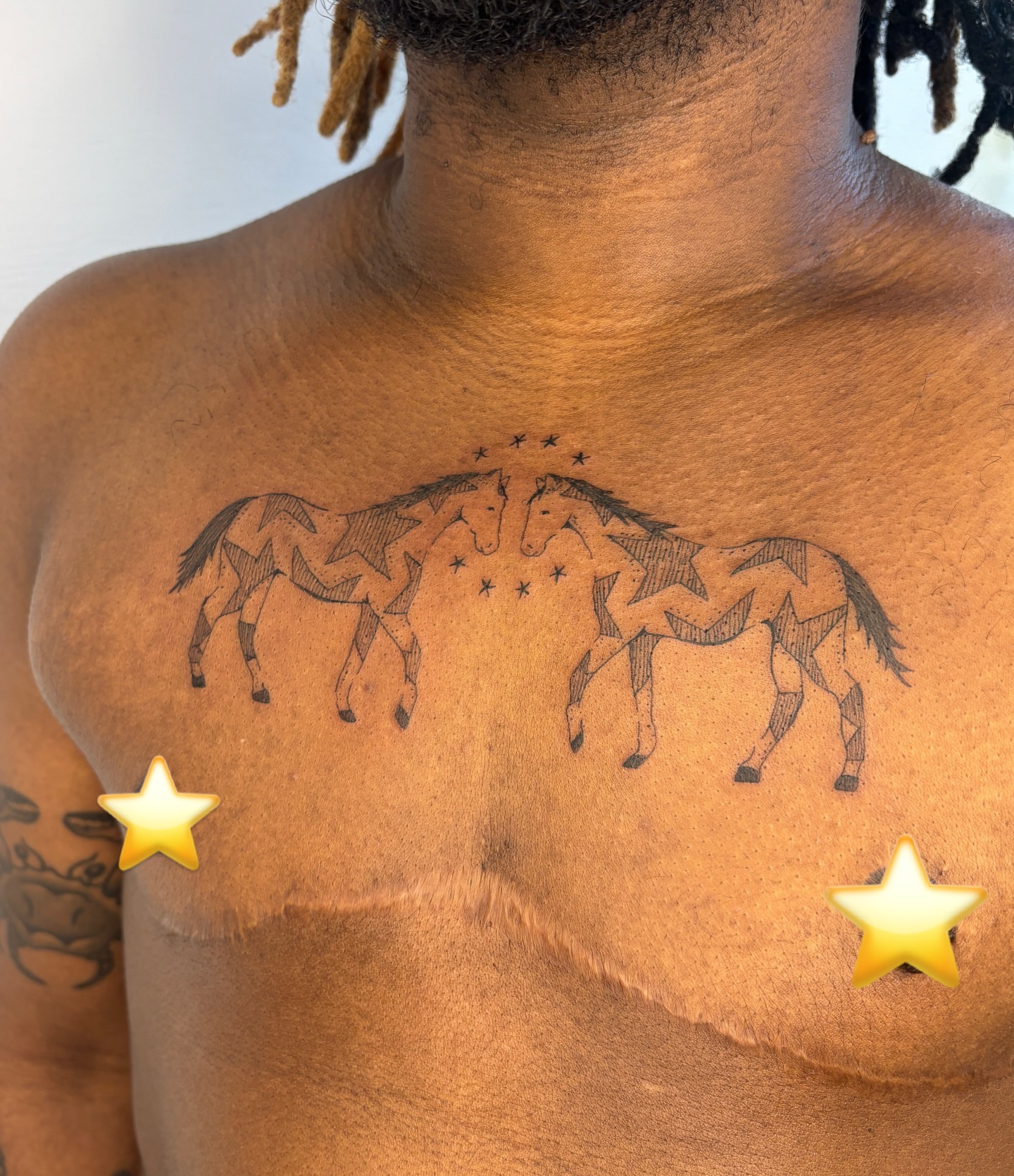 Horses black and grey tattoo on the chest by Raye