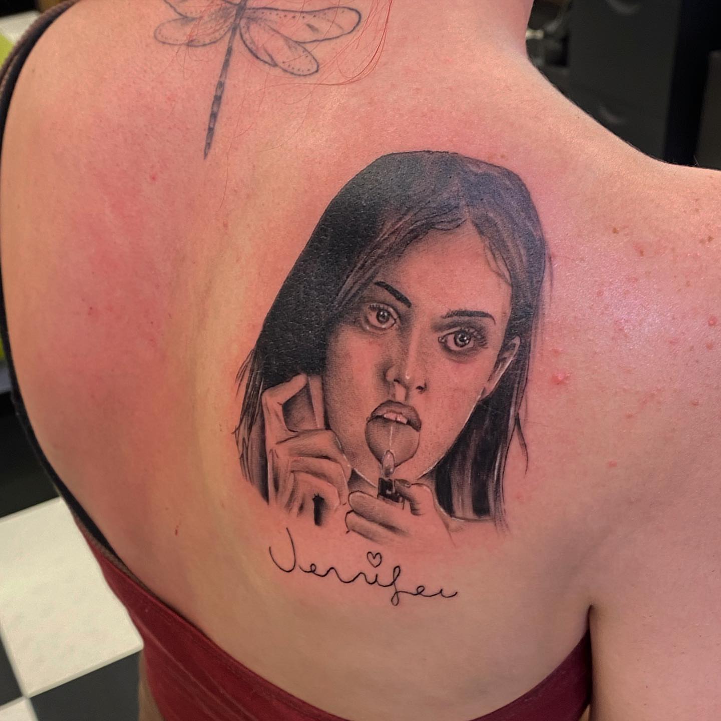 Portrait of a woman realism tattoo on the shoulder by Spencer Jones Tattoos