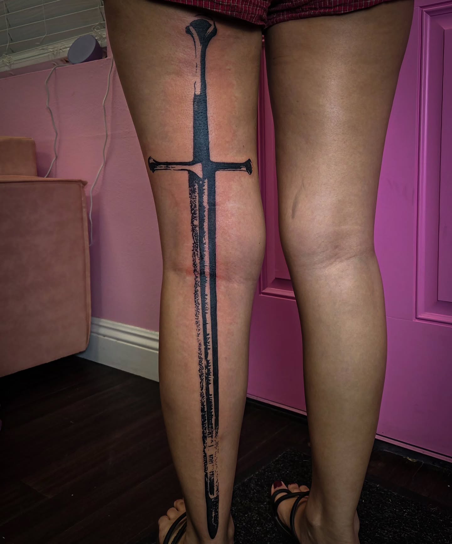 Sword black and grey tattoo on the leg by Tattoo Artist X Kamm, Salt Lake City, Utah