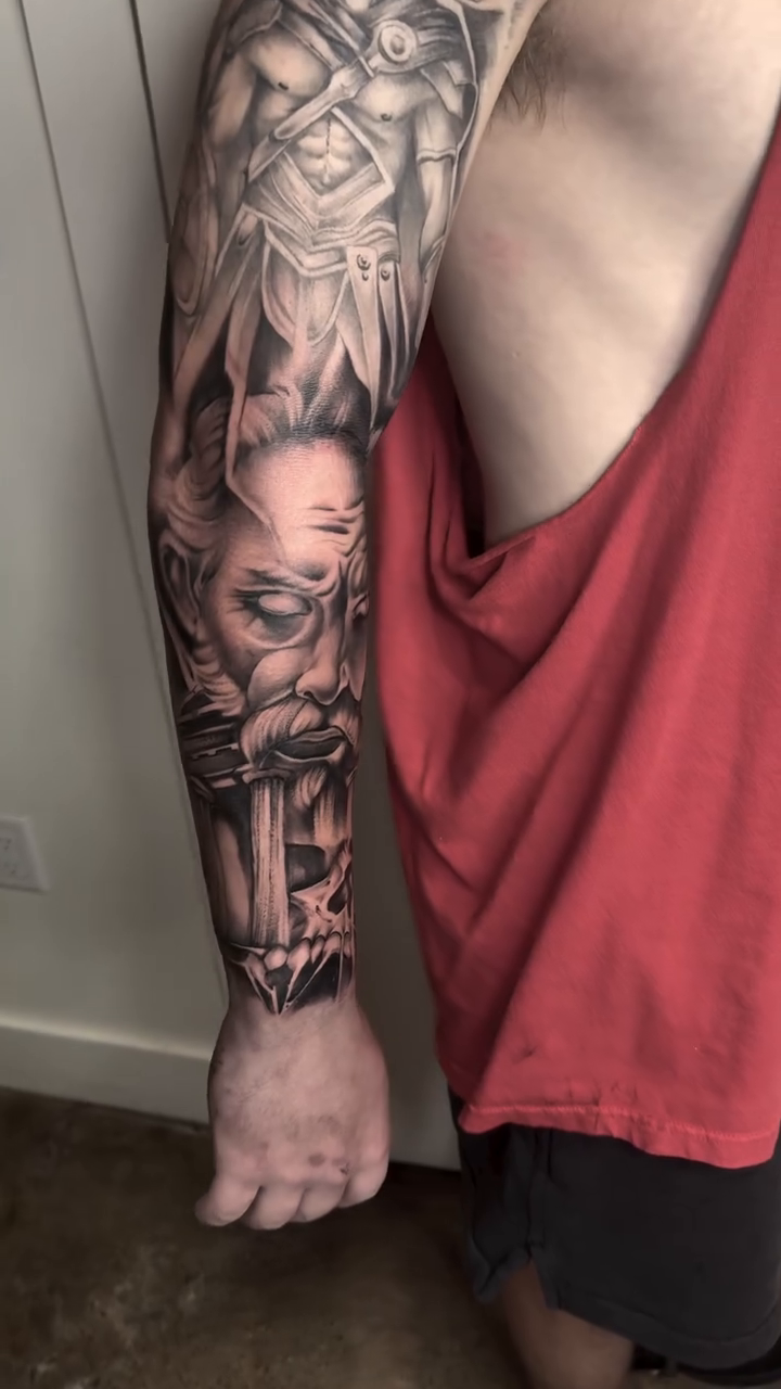 Mythological figures and a portrait realism tattoo by Matthew Crawley