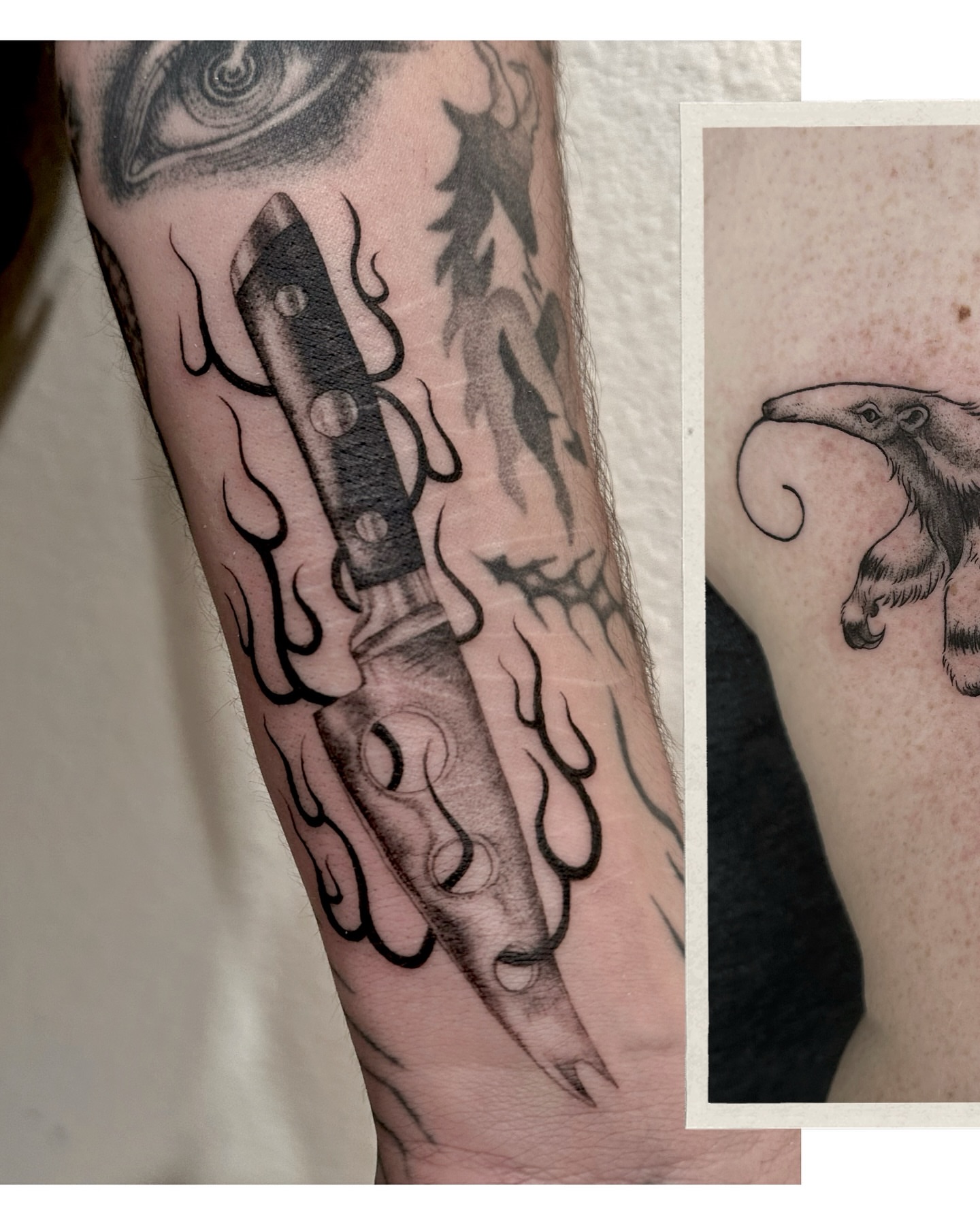 Knife black and grey tattoo on the forearm by Micky, Austin, Texas