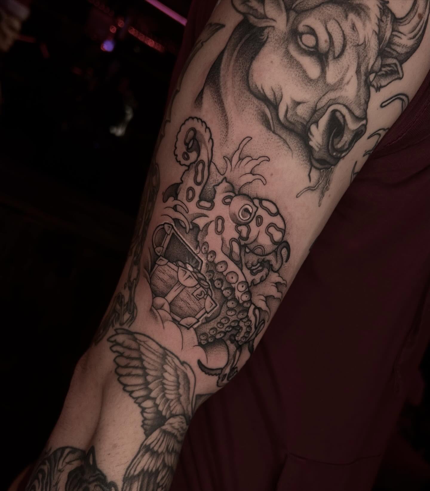 Bull and octopus realism tattoo on the forearm by Tattoos by Abbey