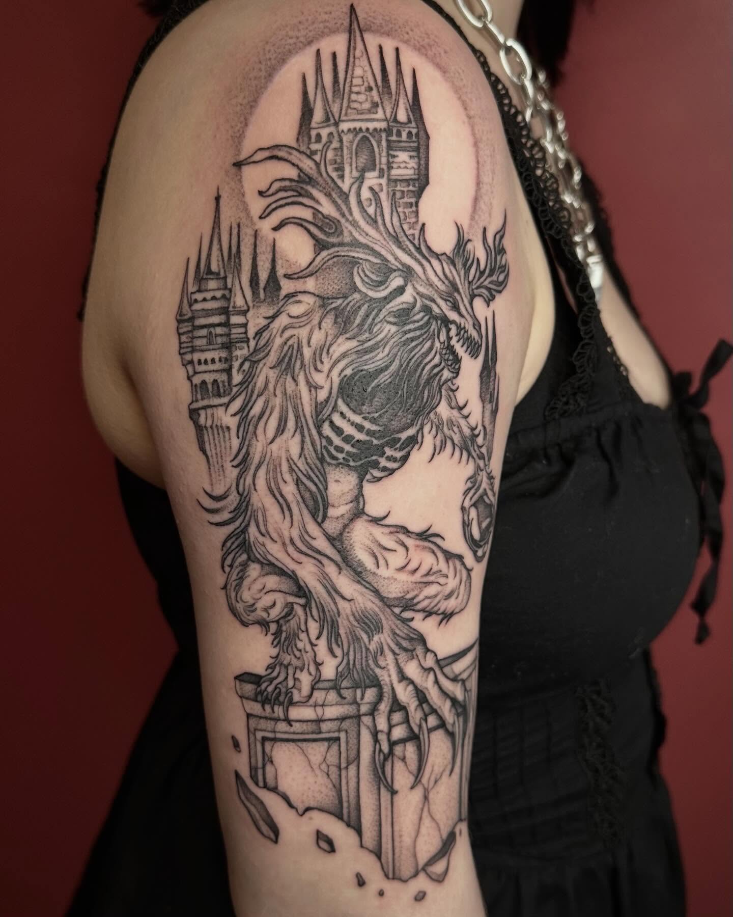 Dragon and castle realism tattoo on the shoulder by โฃ ๐ฝ๐๐๐๐๐ ๐ฟ๐๐๐๐๐๐๐๐๐๐๐ โฃ