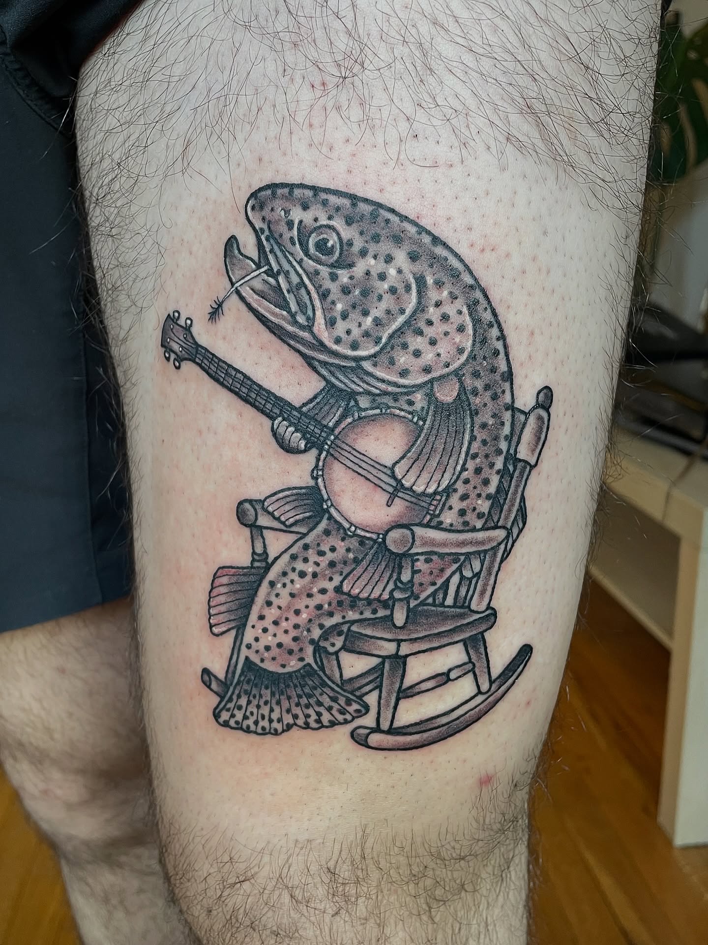 Fishing trout dotwork tattoo on the thigh by πΌπ
ππΎπππππ