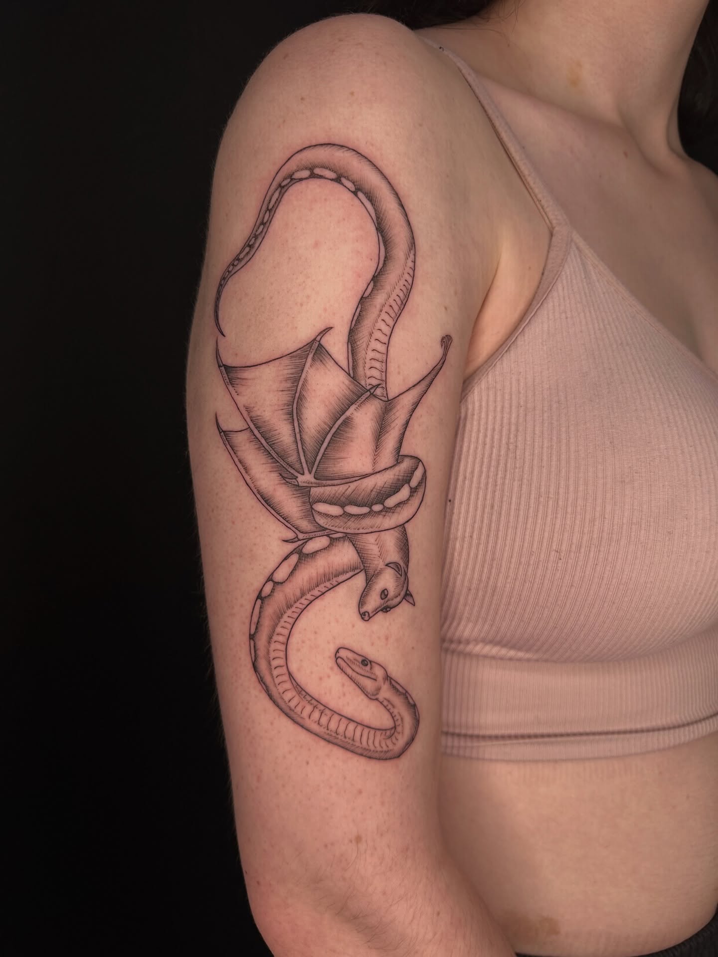 Snake black and grey tattoo on the shoulder by Hail Chaney, Somerville, Massachusetts