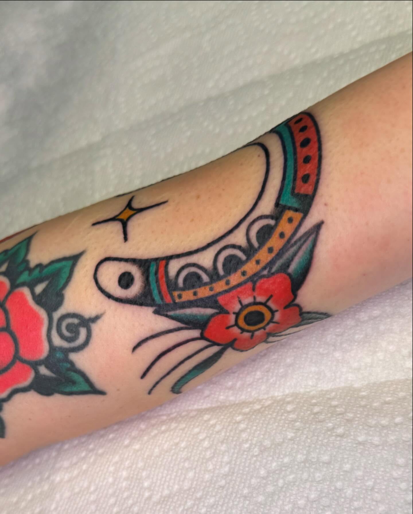 Cat and flower American traditional tattoo on the forearm by ＊ Carly James ＊