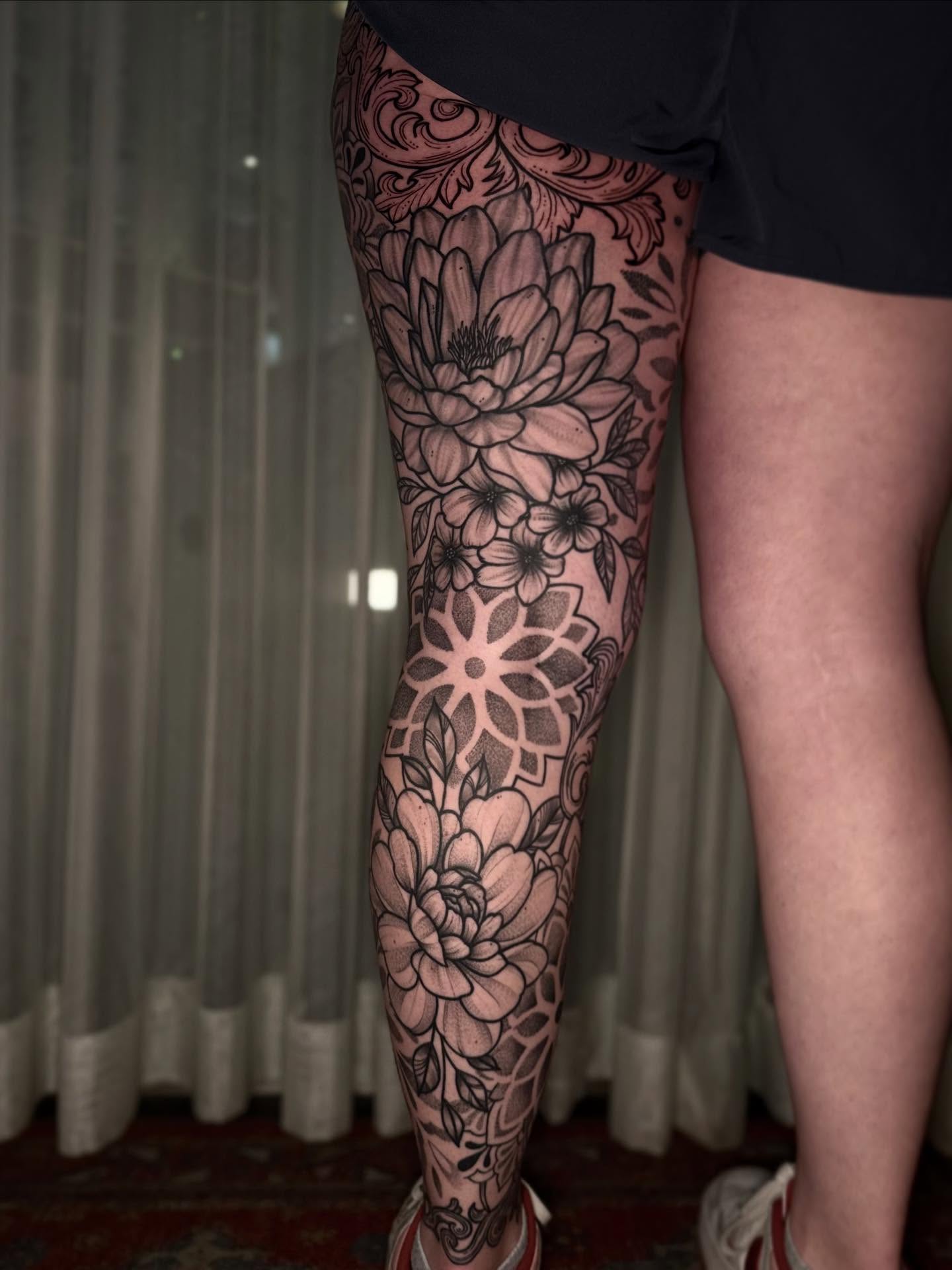 Floral pattern ornamental tattoo on the calf by Eden H., Columbus, Ohio