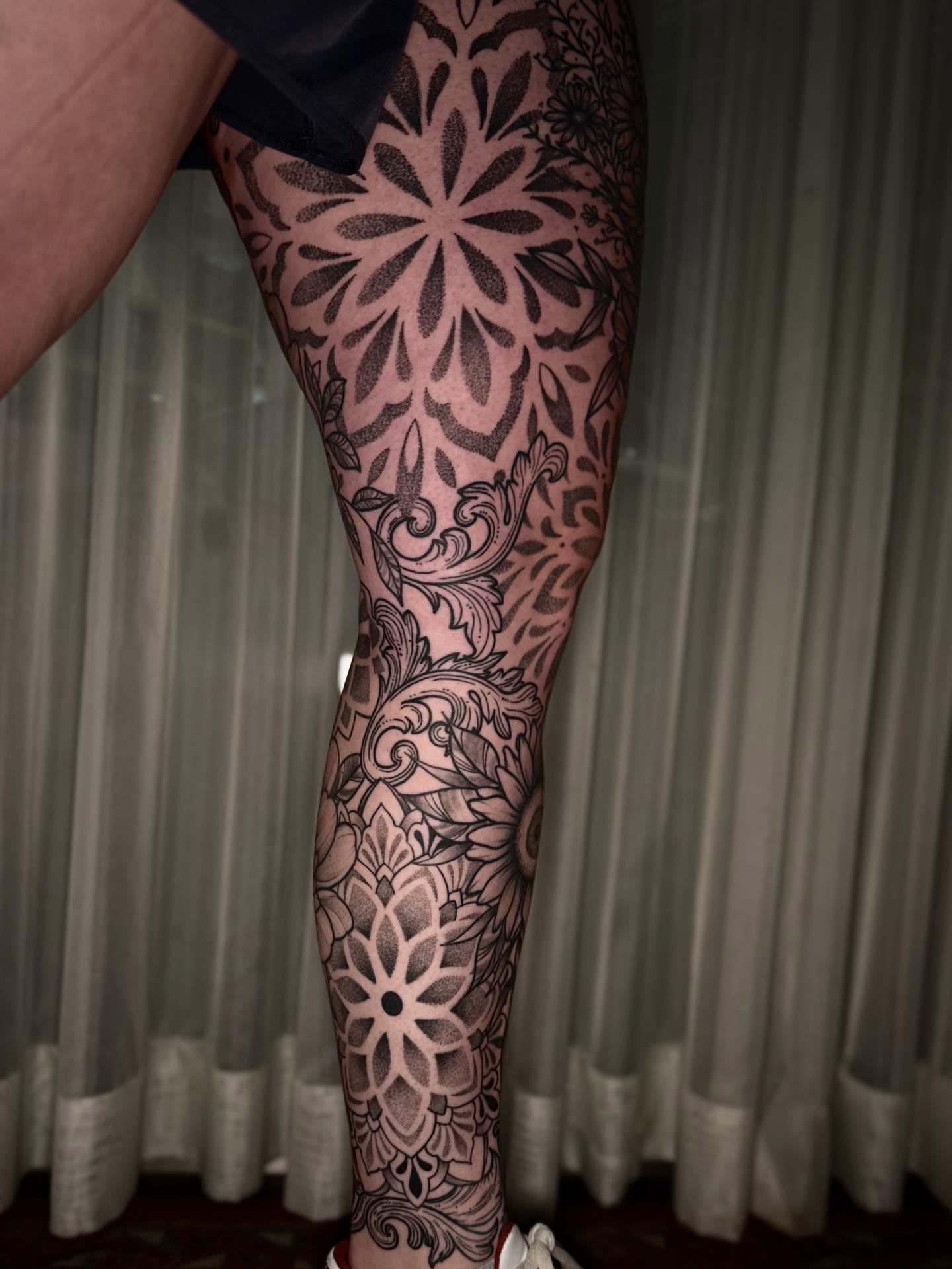 Floral mandala geometric tattoo on the leg by Eden H., Columbus, Ohio