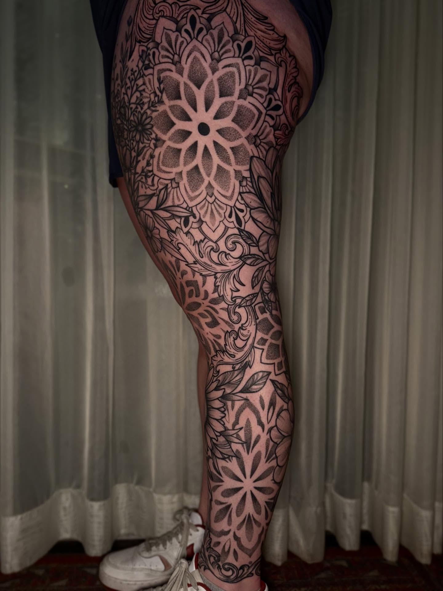 Floral mandala dotwork tattoo on the thigh by Eden H., Columbus, Ohio