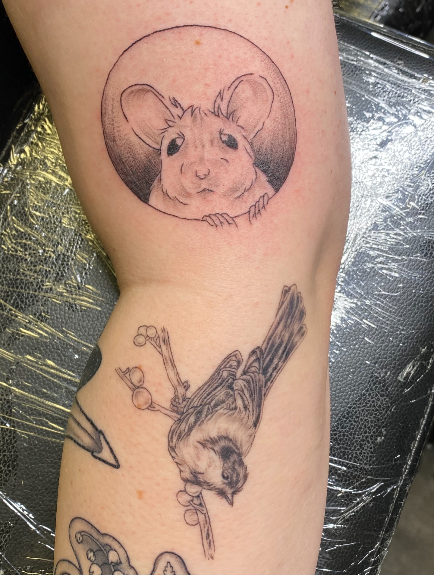Mouse and bird black and grey tattoo on the forearm by Mack ๐ Utah Tattoos
