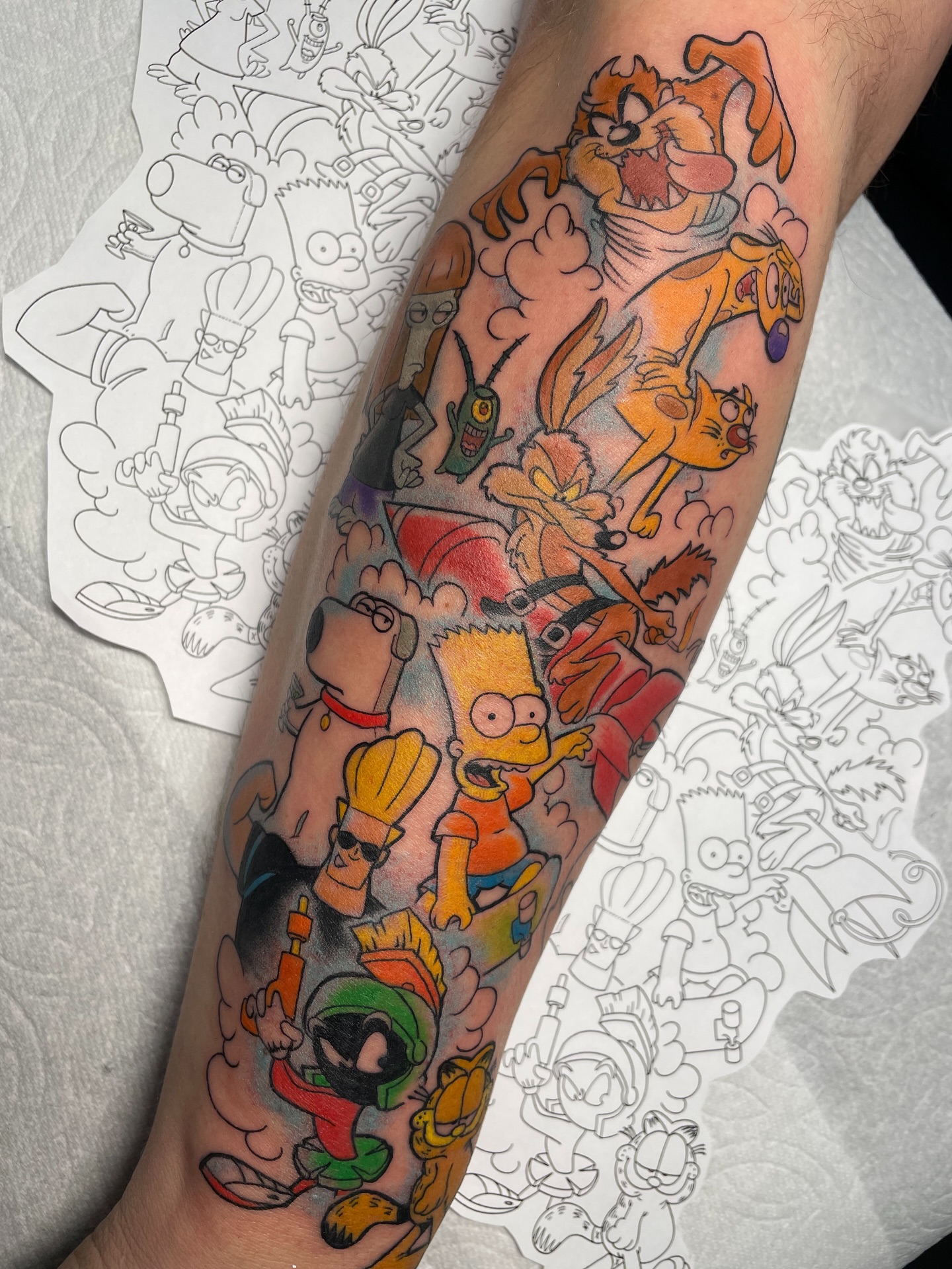 Cartoon characters new school tattoo on the forearm by Steven Hodges