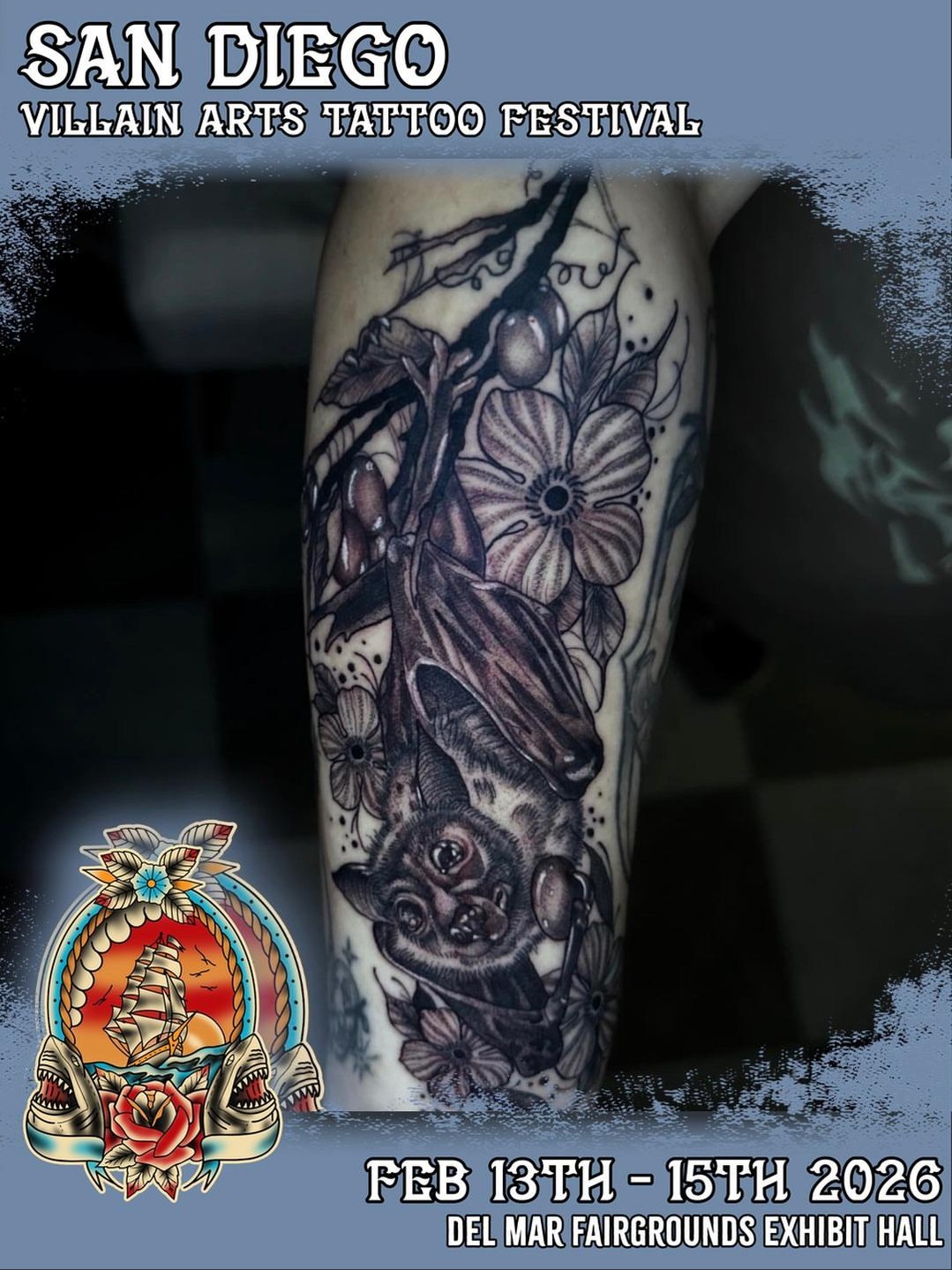 Bat and flowers American traditional tattoo on the forearm by Sierra