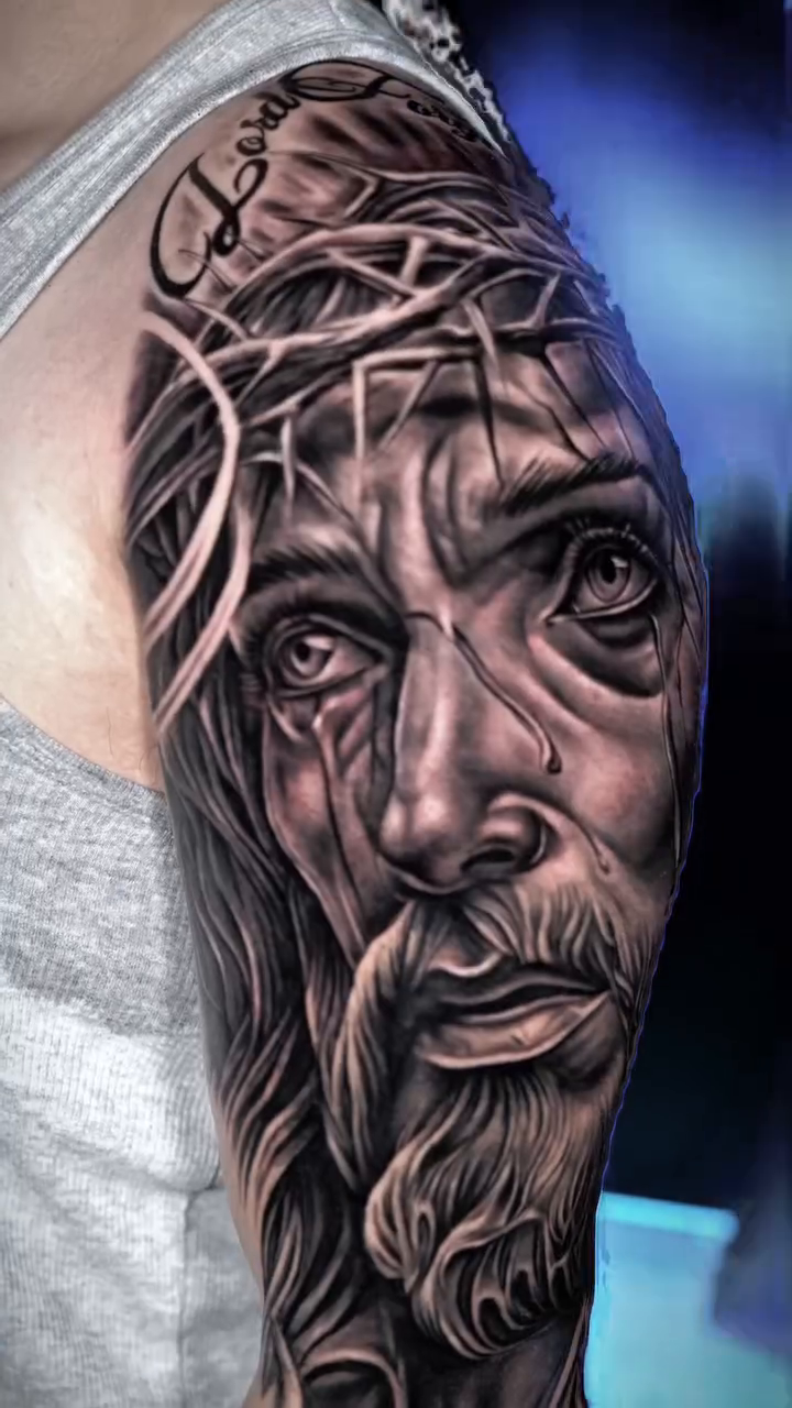 Jesus Christ portrait realism tattoo by Ricardo javier Gil, Dallas, Texas
