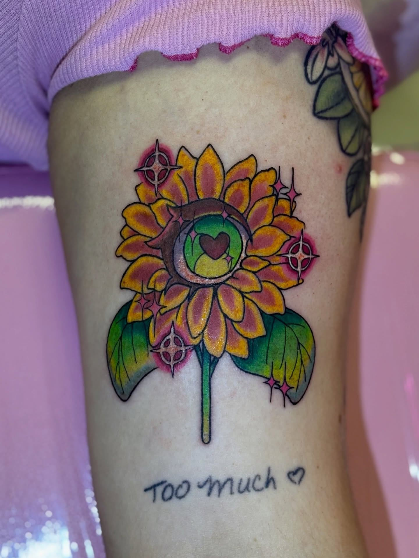 Sunflower new school tattoo on the thigh by 🌸Mandy Blossoms🌸The Cosplaying Tattoo Artist🌸