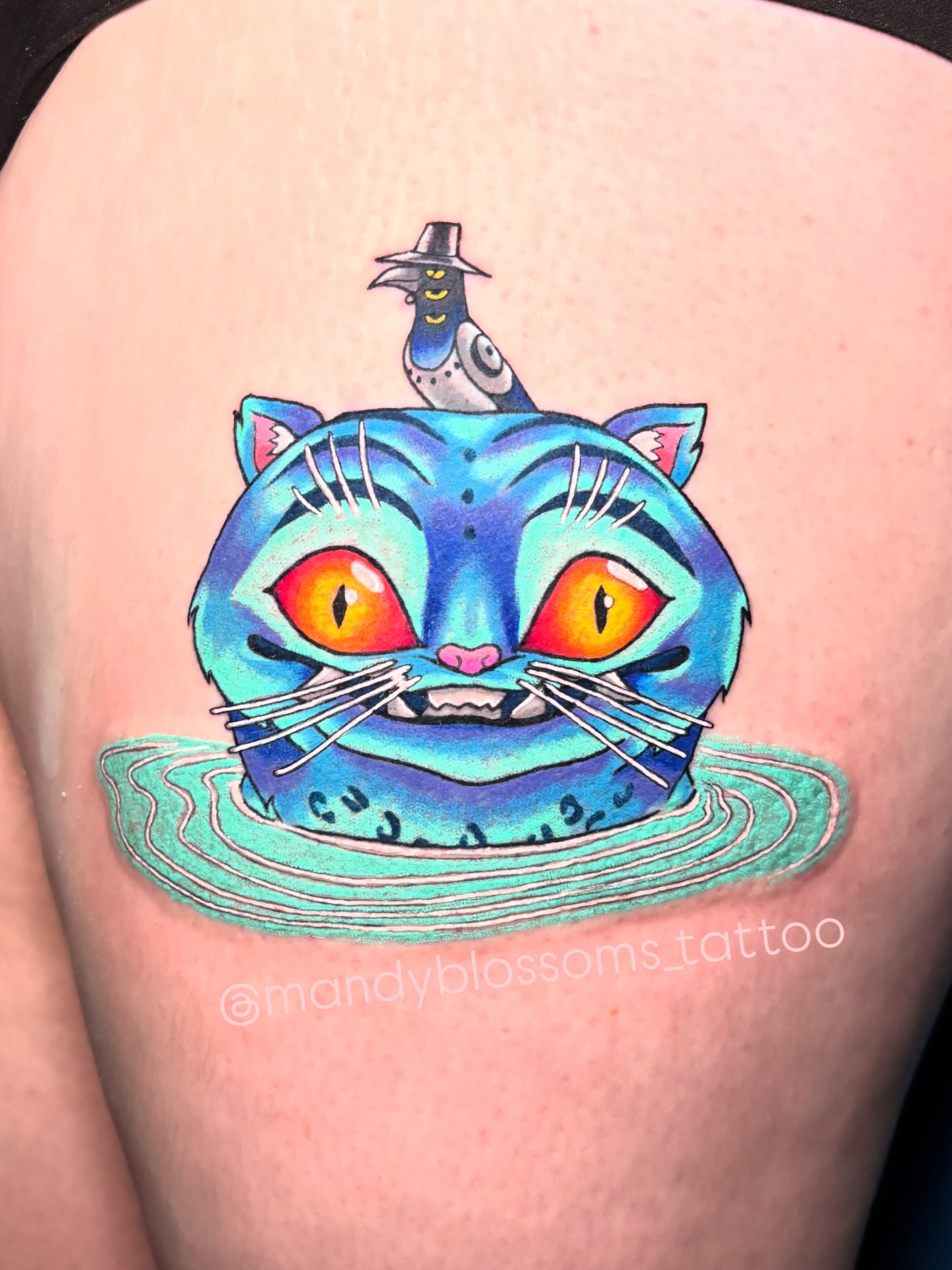 Cat American traditional tattoo on the shoulder by 🌸Mandy Blossoms🌸The Cosplaying Tattoo Artist🌸