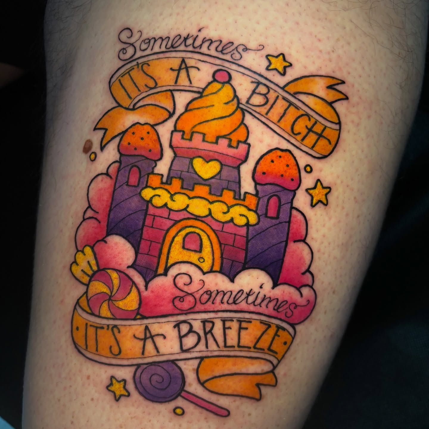 Castle with candy new school tattoo on the thigh by ＊ 𝙴𝚁𝙸𝙺𝙰 𝚆𝙷𝙸𝚃𝙴 ＊ 𝙱𝙻𝚄𝙴 𝚃𝙾𝚁𝙲𝙷 𝚃𝙰𝚃𝚃𝙾𝙾
