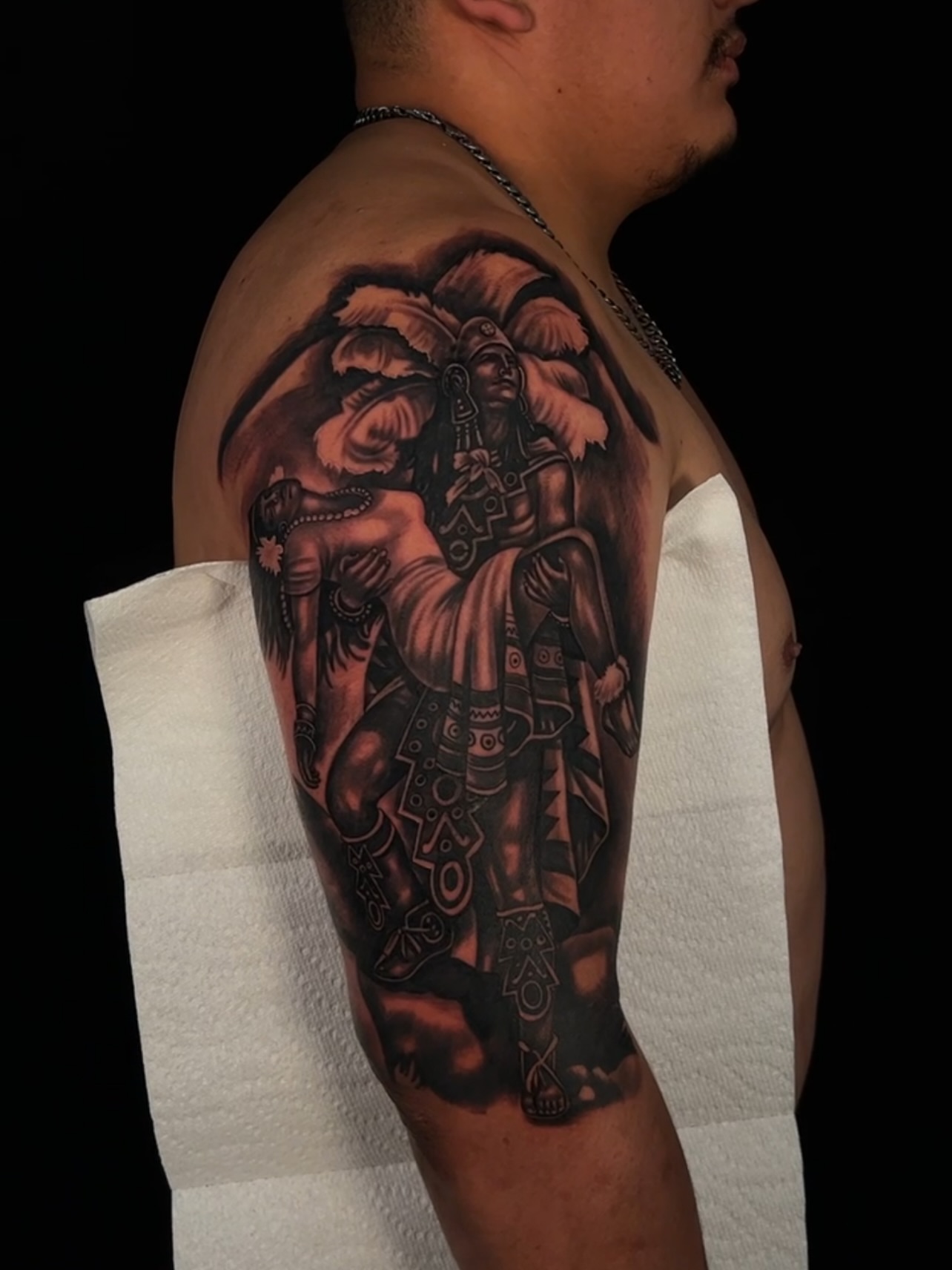 Warrior black and grey tattoo on the shoulder by Daniel Michael Perez