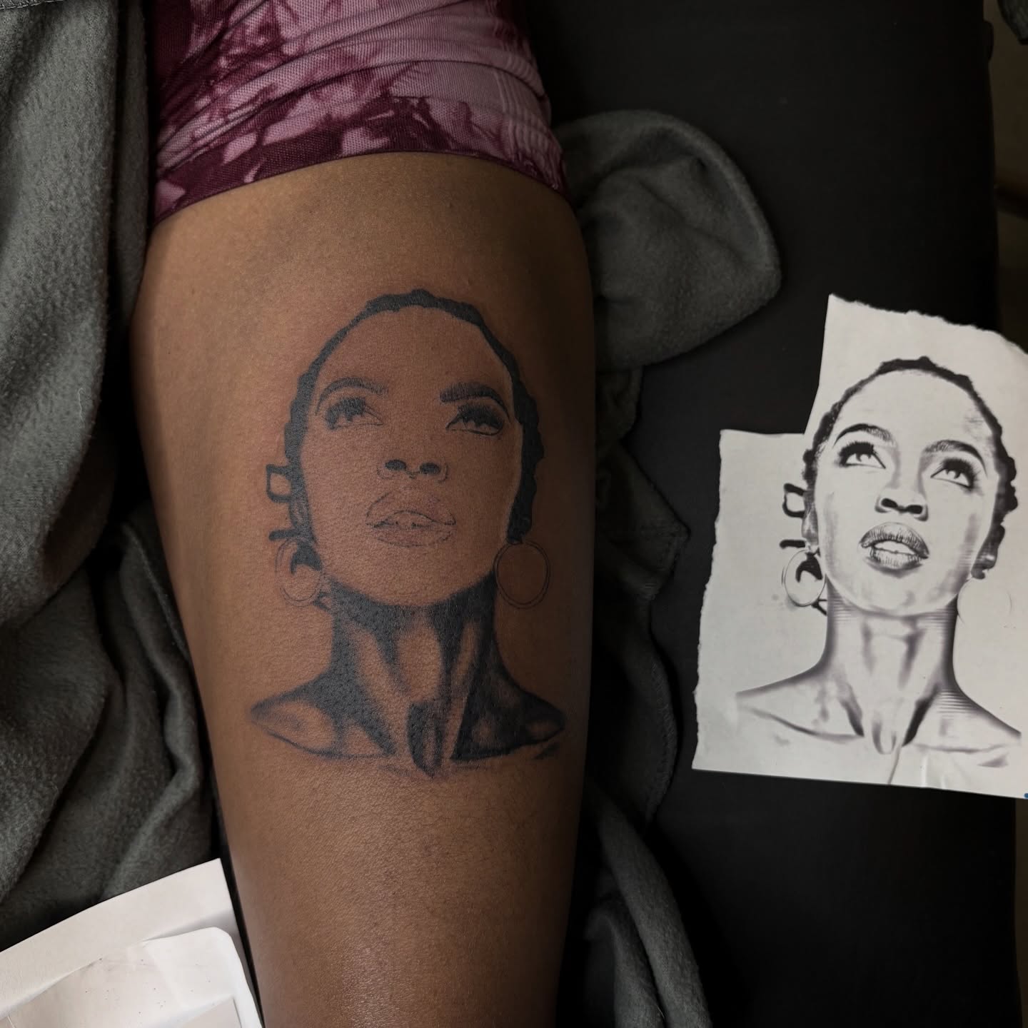 Portrait of a woman black and grey tattoo on the thigh by Love 🥀 222