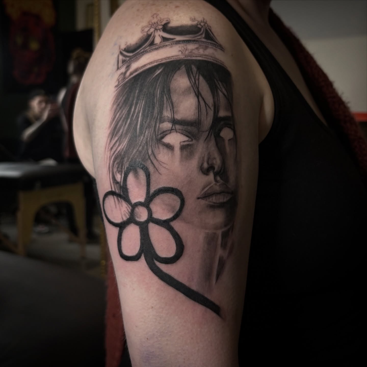Portrait with flower realism tattoo on the forearm by Love 🥀 222