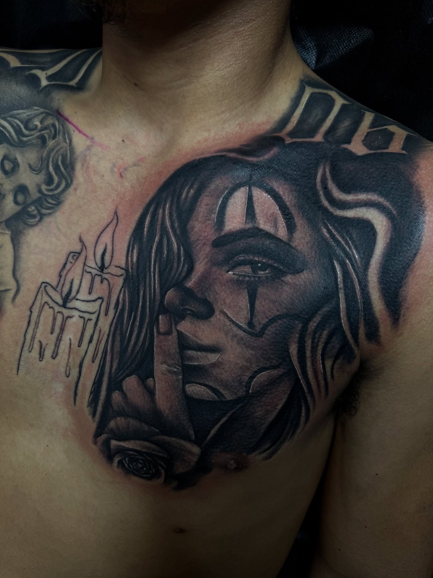 Woman with candles realism tattoo on the chest by @samg_tat2s, San Diego, California