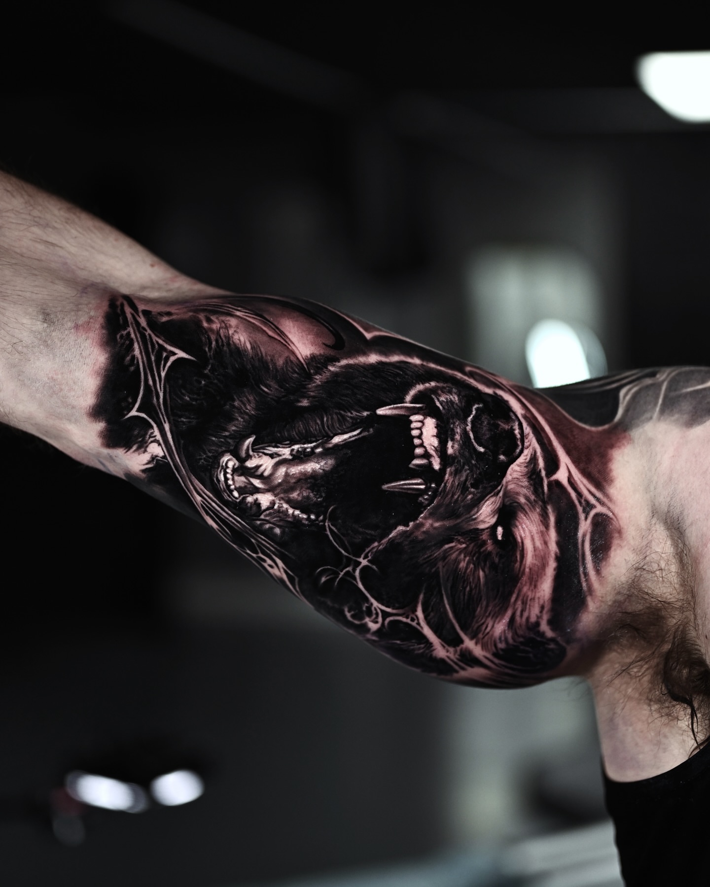 Demon dark realism tattoo on the forearm by Marcos Salamanca