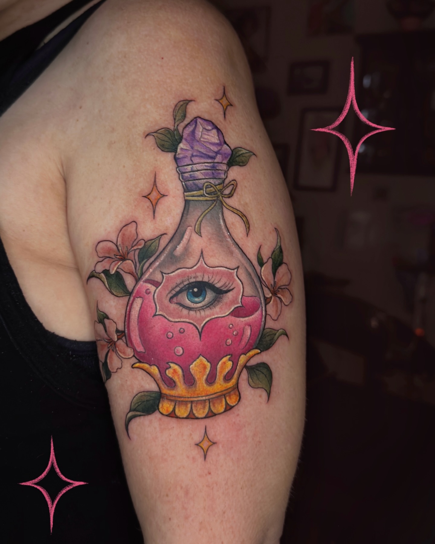 Eye in potion bottle new school tattoo on the forearm by Nichole Lorence