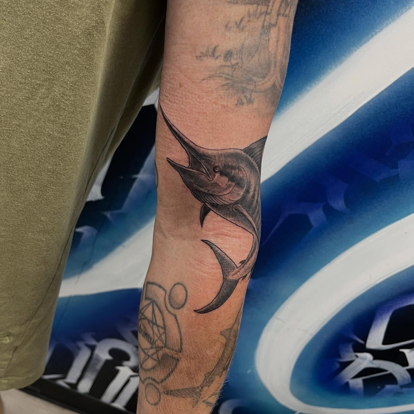 Marlin American traditional tattoo on the forearm by Franky Sharpz
