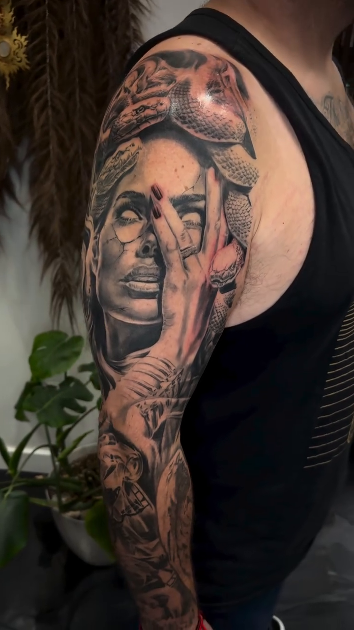 Medusa and snakes realism tattoo by Sloe Rivera