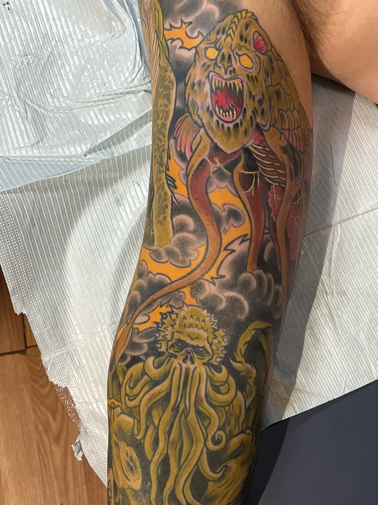 Monster and tentacles American traditional tattoo on the forearm by TYP 419, Toledo, Ohio