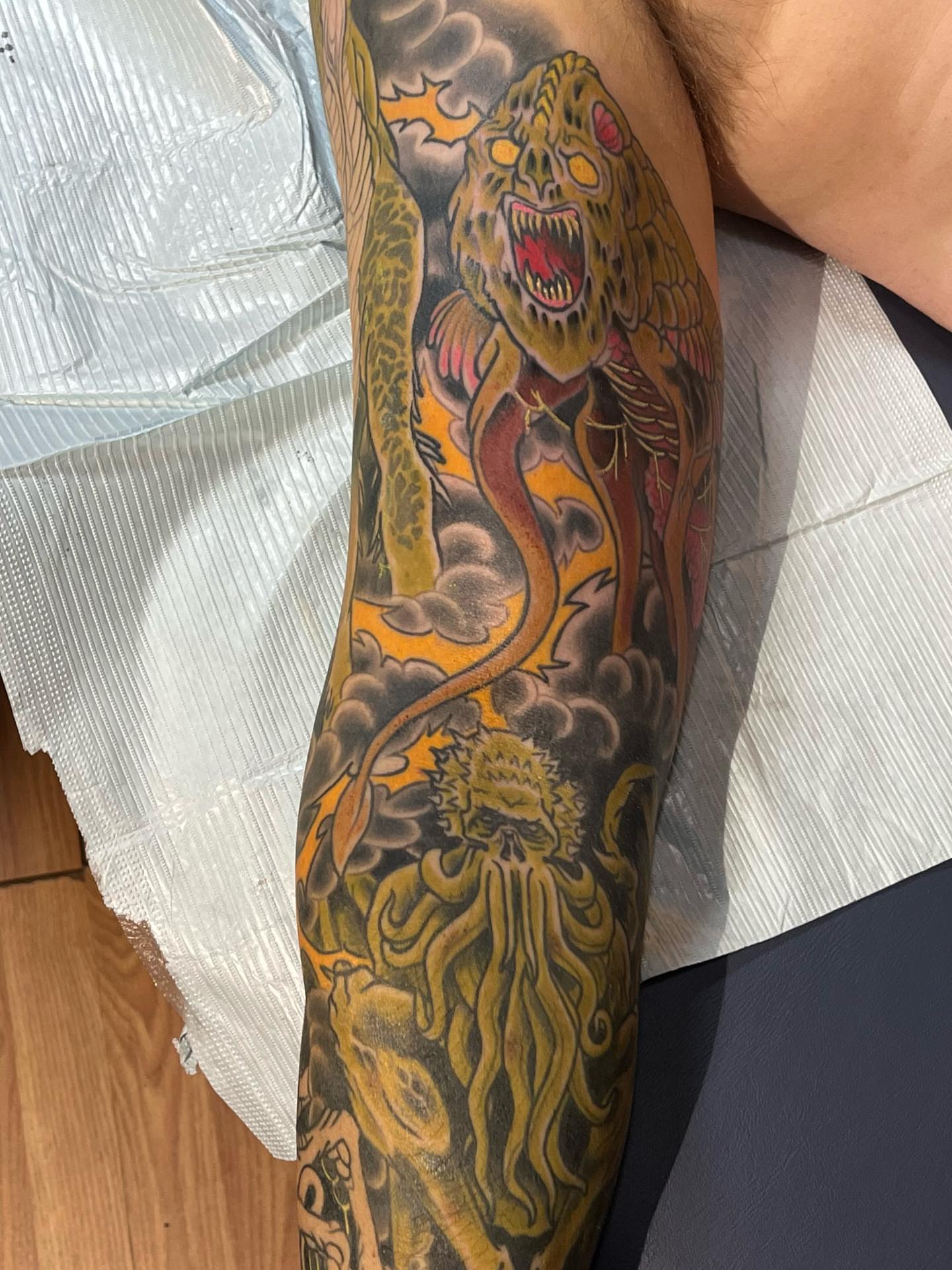 Mythical creature American traditional tattoo on the forearm by TYP 419, Toledo, Ohio
