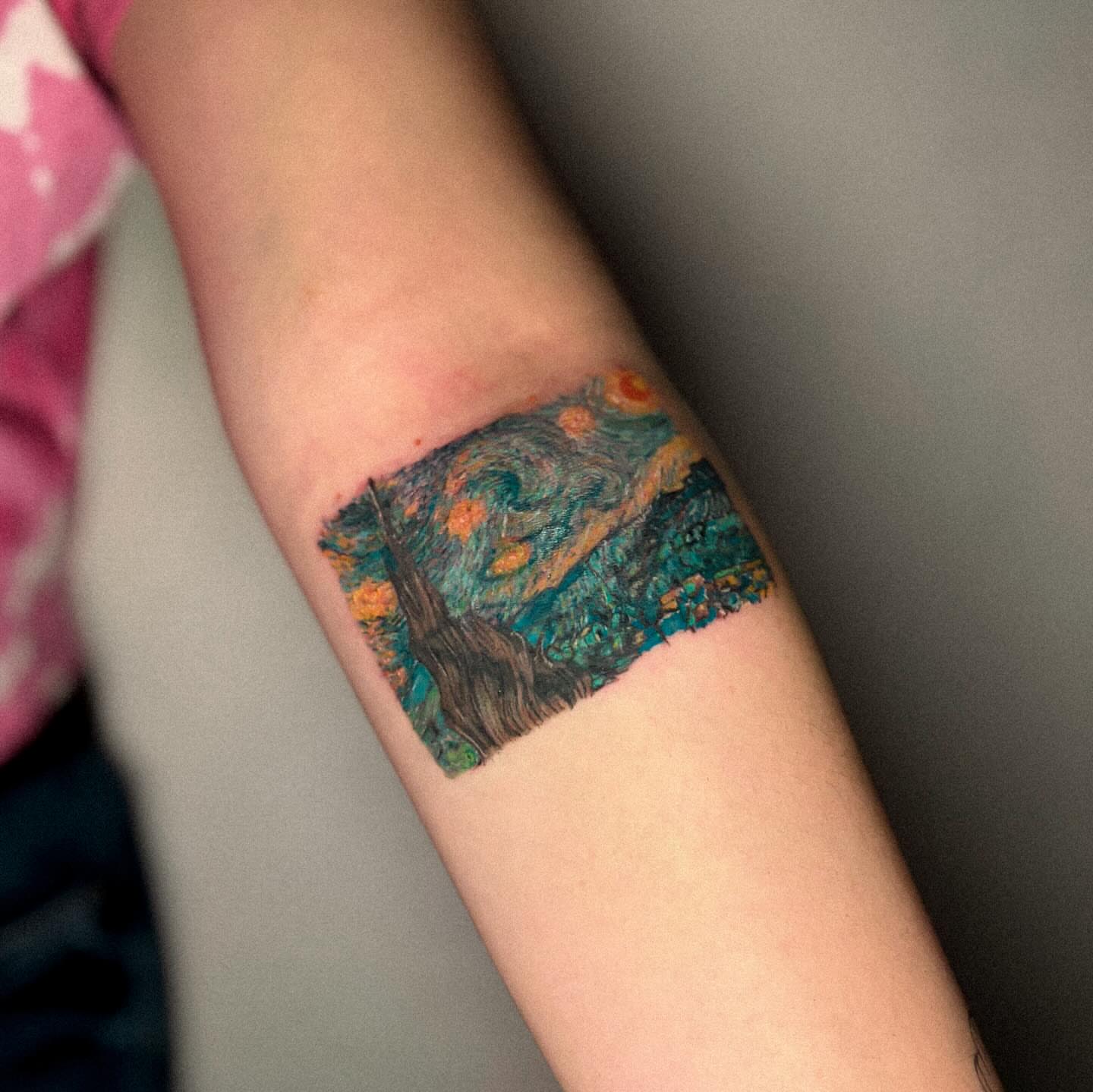 Night sky with cypress tree dotwork tattoo on the forearm by 조조