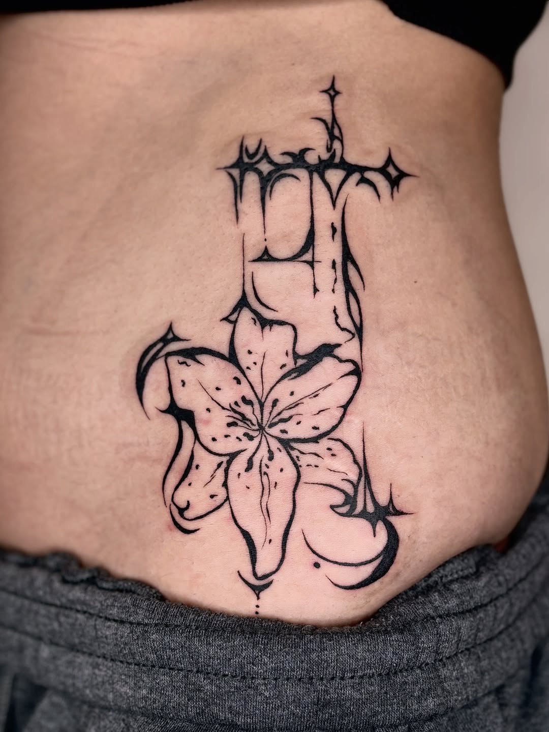 Flower and abstract elements fine line tattoo by *:・kelly✧*:・゚