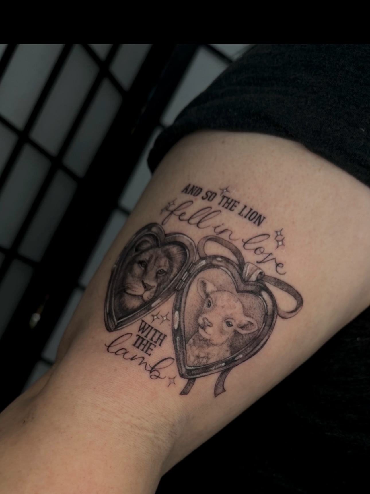 Lion and lamb black and grey tattoo on the forearm by jordyn ๐ญ