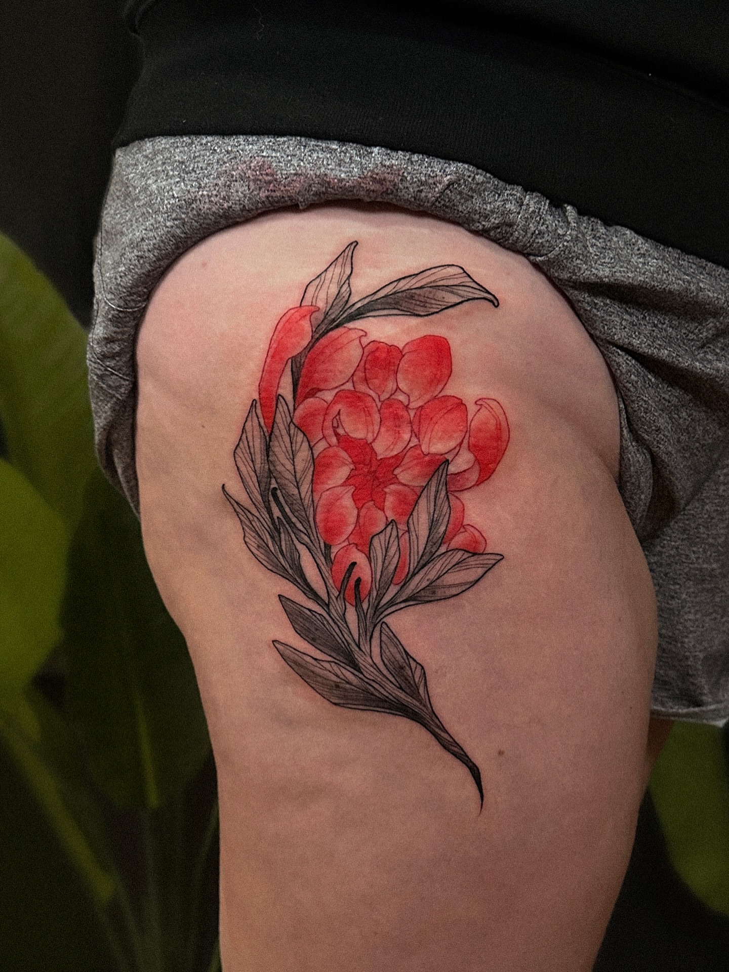 Red flowers black and grey tattoo on the thigh by Tattoo Artist 👩🏻‍🎨 ATX