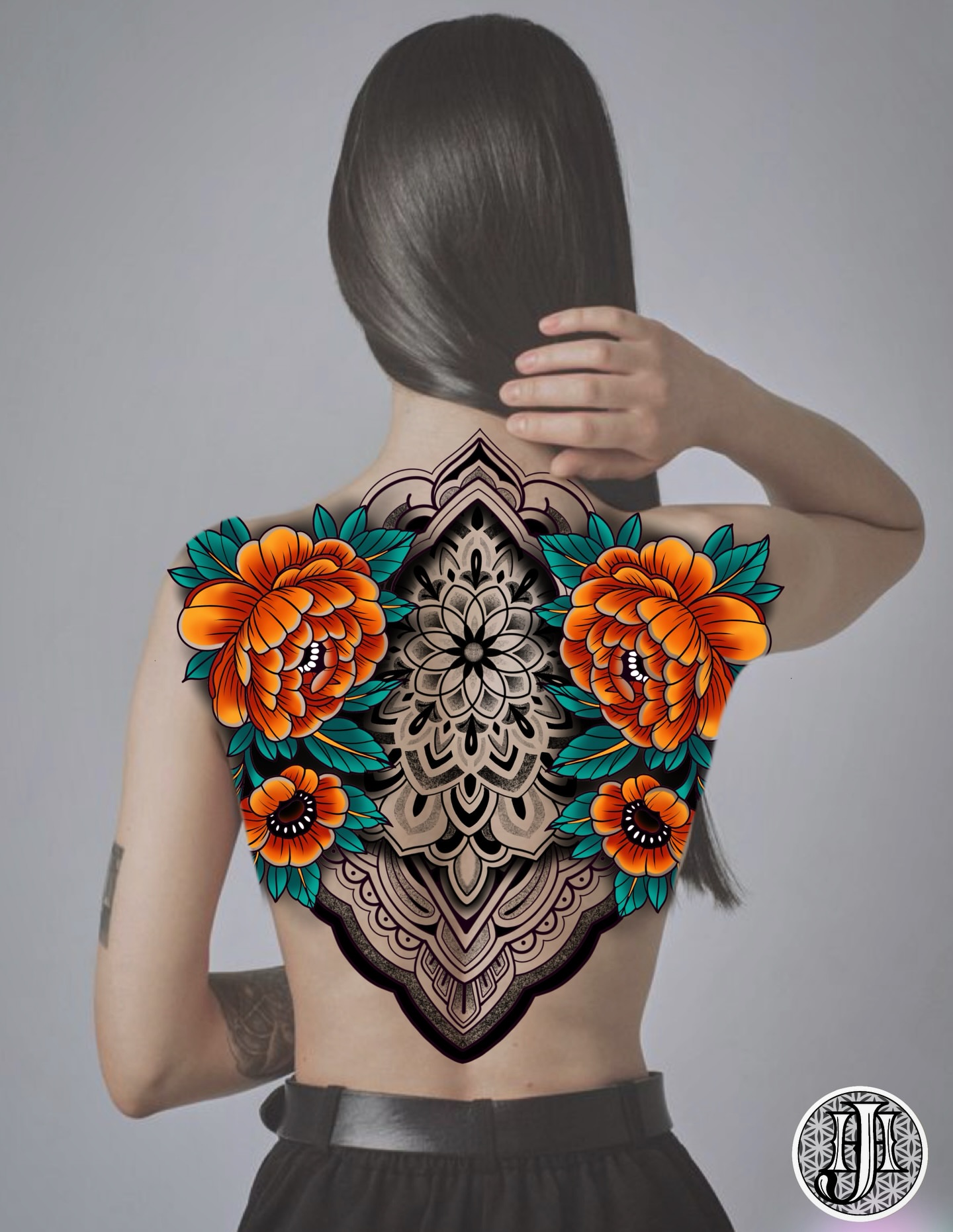 Mandala with flowers geometric tattoo on the back by Jordan Hunt