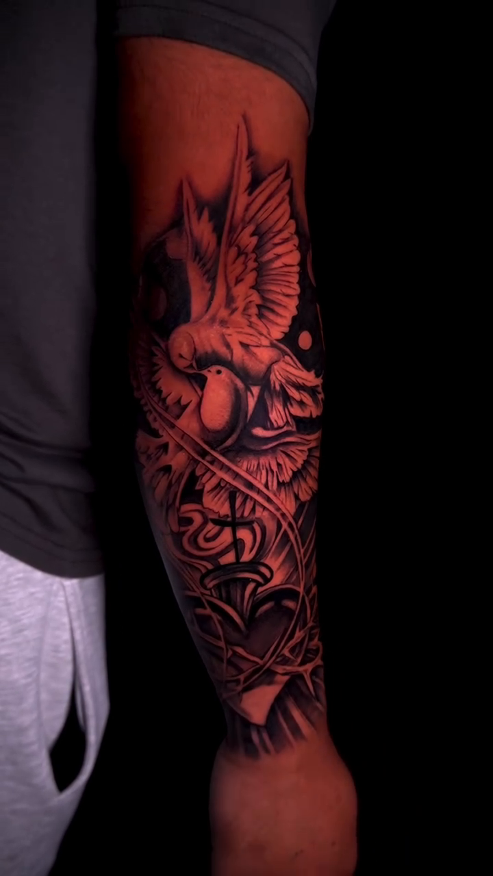 Dove and sacred heart realism tattoo by Greg Petrali