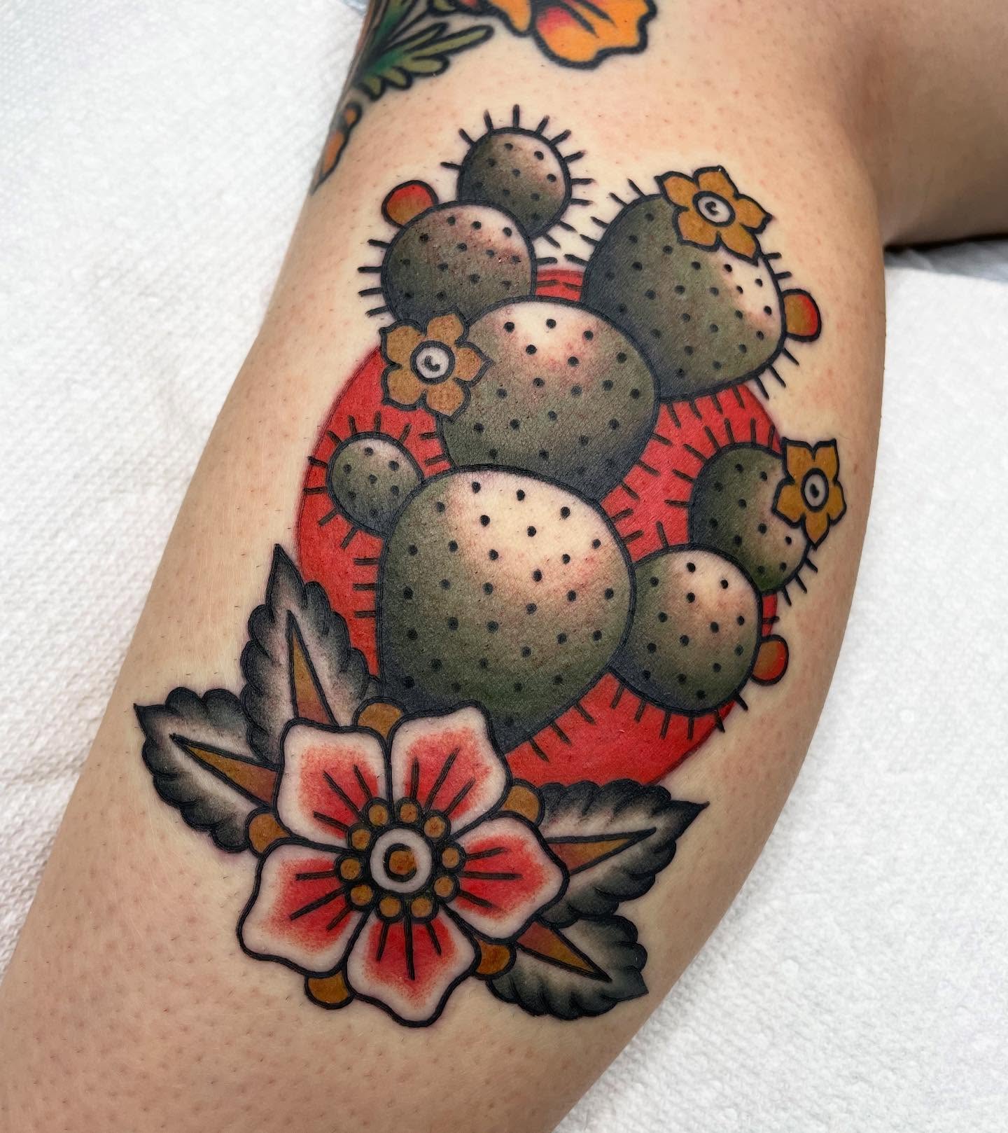 Prickly pear cactus American traditional tattoo on the forearm by Kat, Sacramento, California