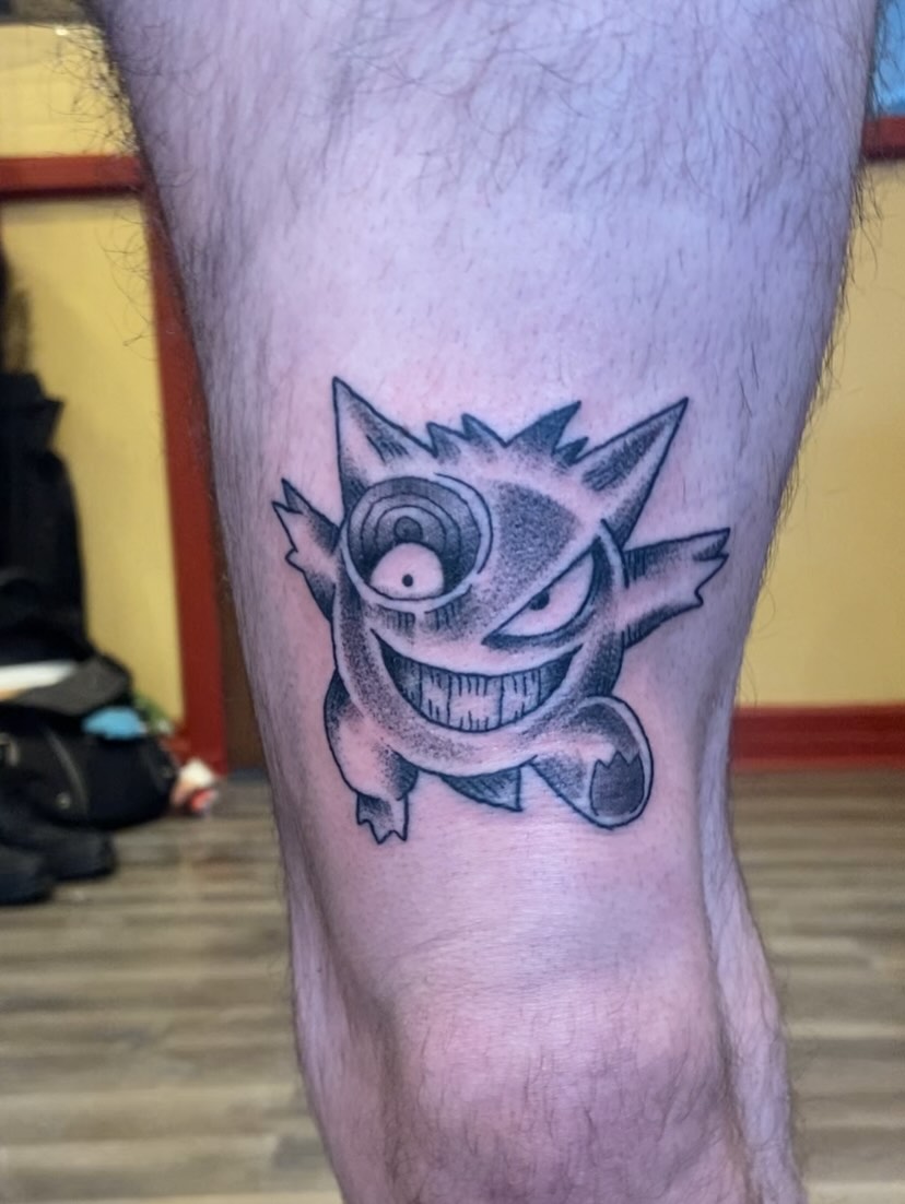 Gengar dotwork tattoo on the thigh by 🐆Cam Feral Tattoos
