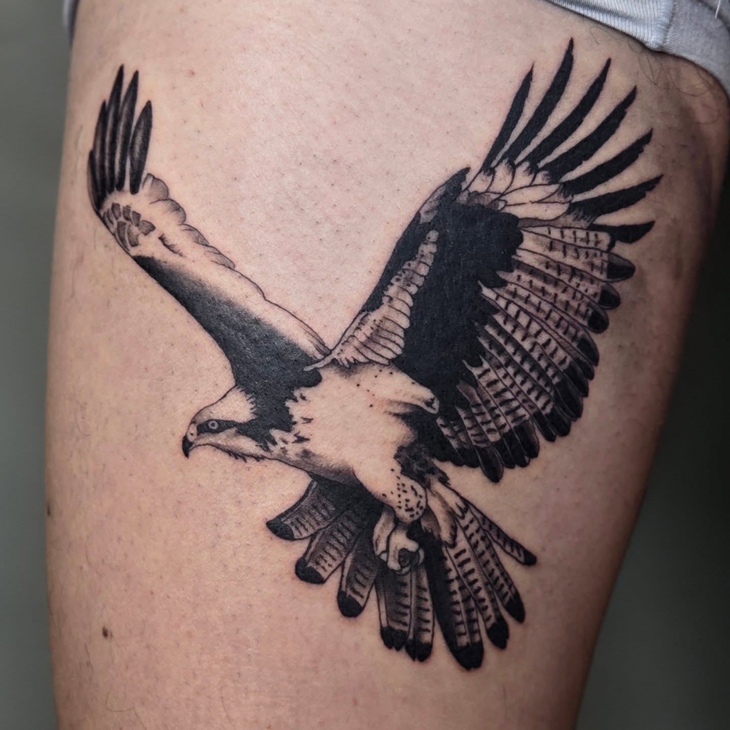 Eagle black and grey tattoo on the thigh by alec