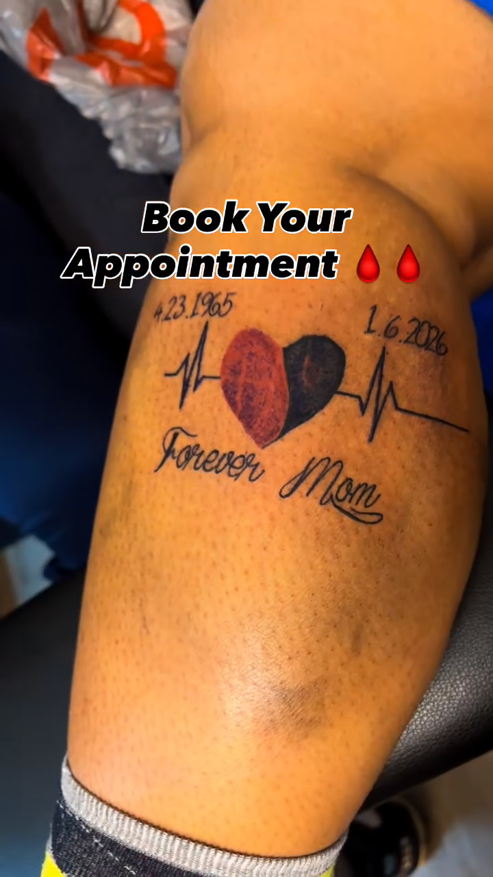 Heart with dates and text fine line tattoo by Syneca Wilson, Acton, Massachusetts