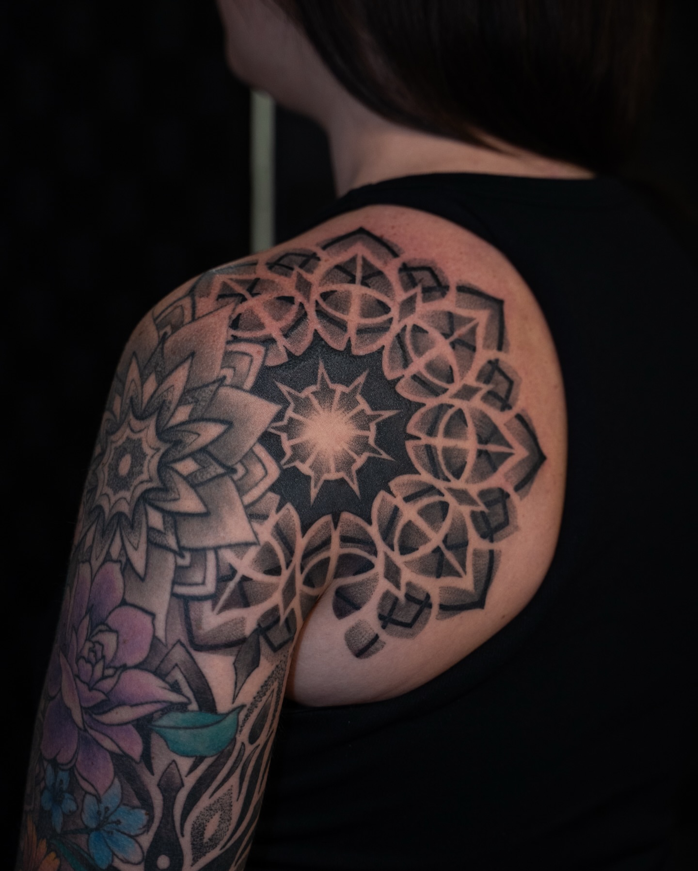 Geometric mandala geometric tattoo on the shoulder by Chris Estrada